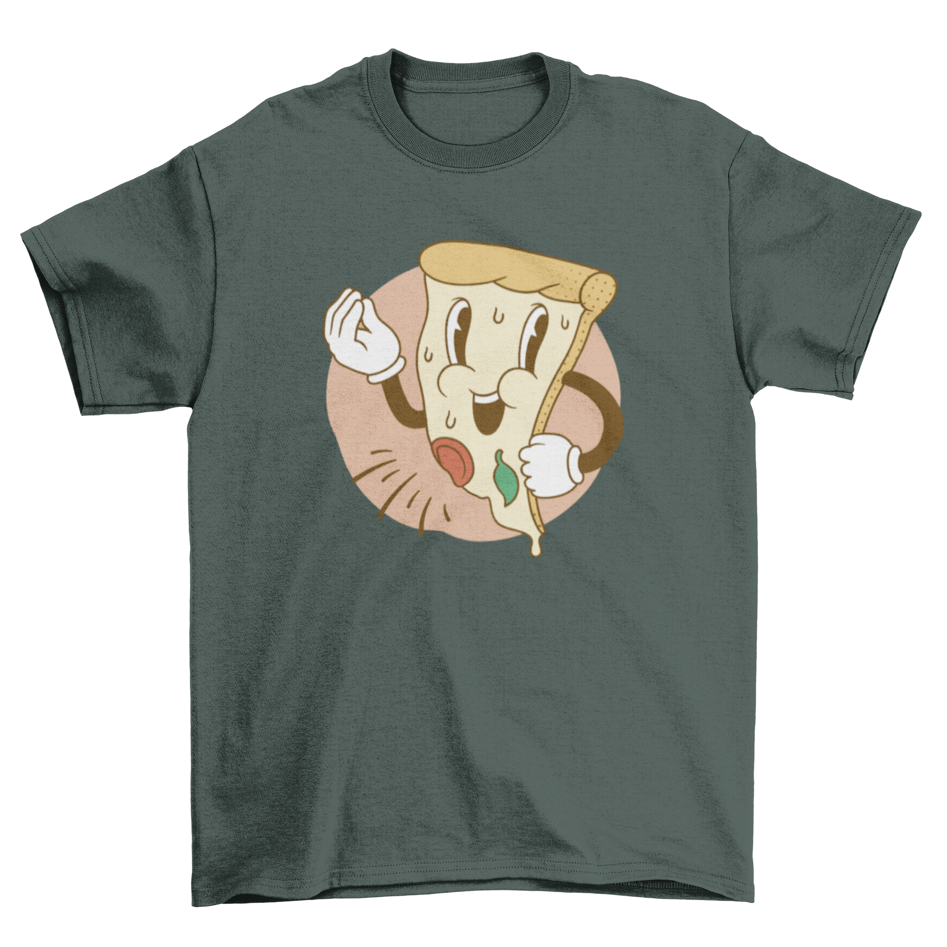 A vibrant cartoon-style t-shirt featuring a pizza slice making an Italian gesture with its fingers, showcasing a fun and playful design.