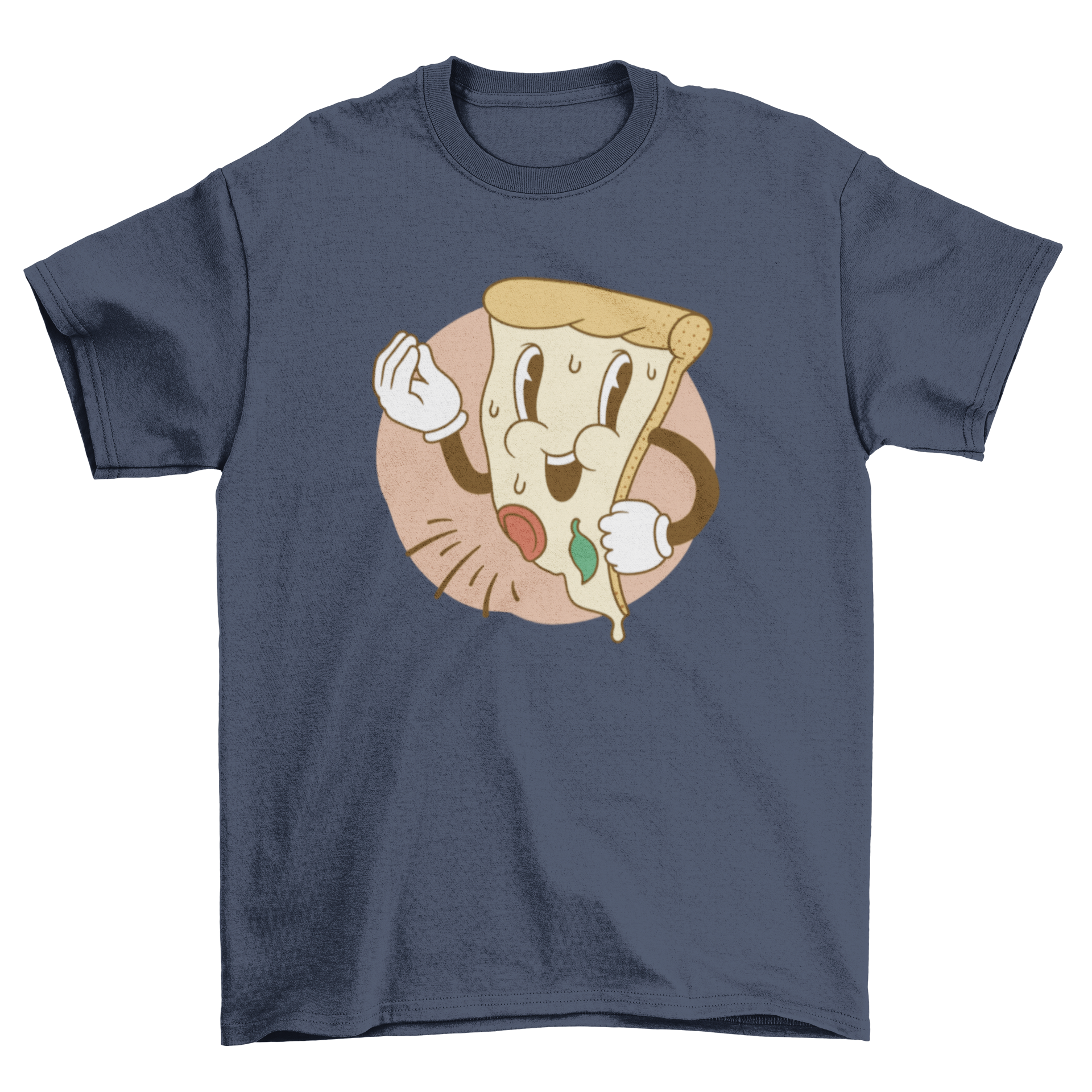 A vibrant cartoon-style t-shirt featuring a pizza slice making an Italian gesture with its fingers, showcasing a fun and playful design.