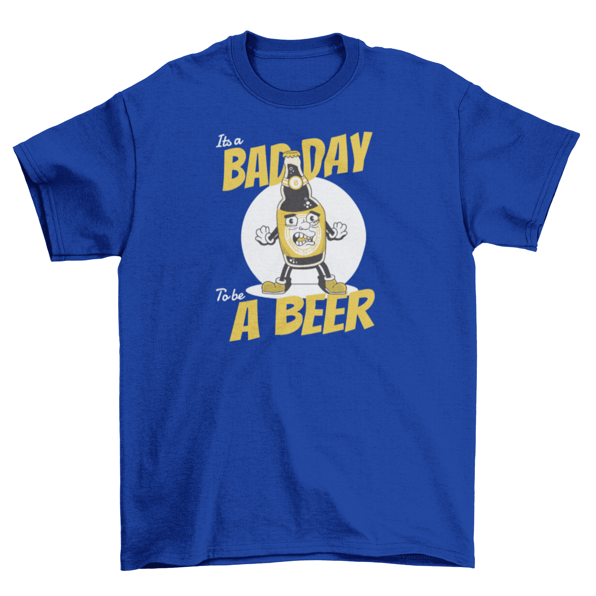 Funny cartoon t-shirt featuring a beer and the quote 'It's a bad day to be a beer'.