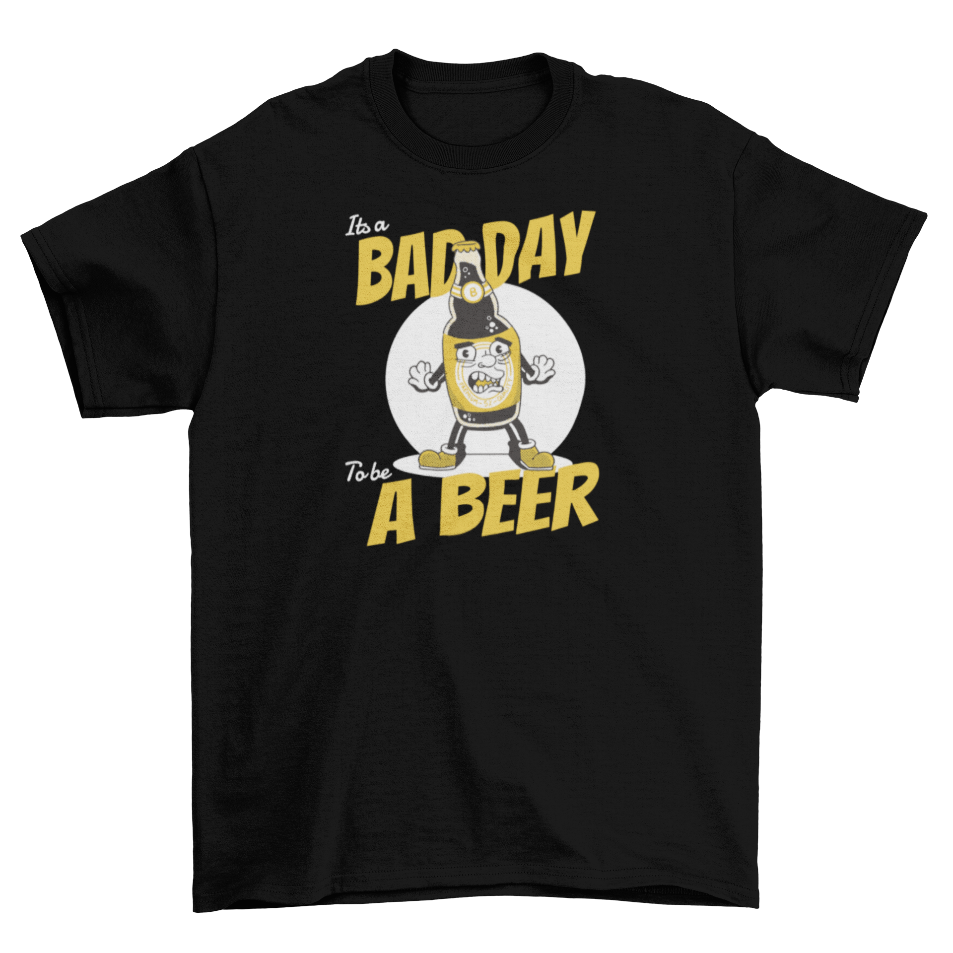 Funny cartoon t-shirt featuring a beer and the quote 'It's a bad day to be a beer'.
