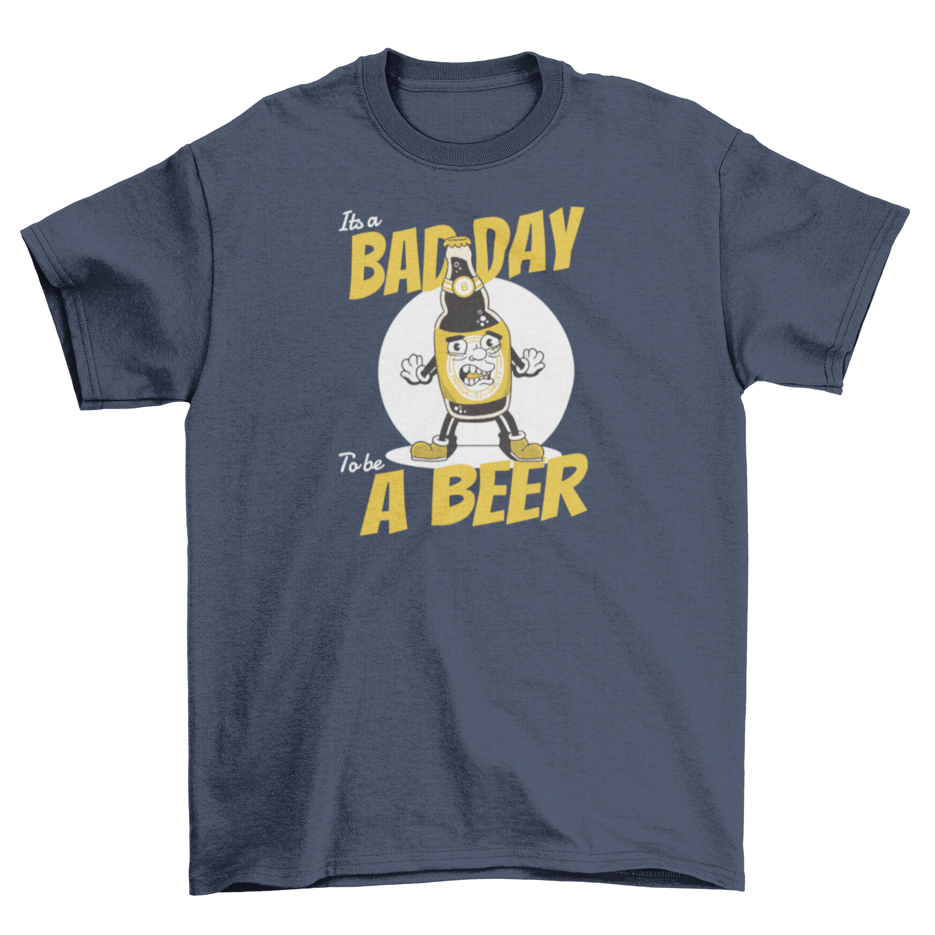 Funny cartoon t-shirt featuring a beer and the quote 'It's a bad day to be a beer'.