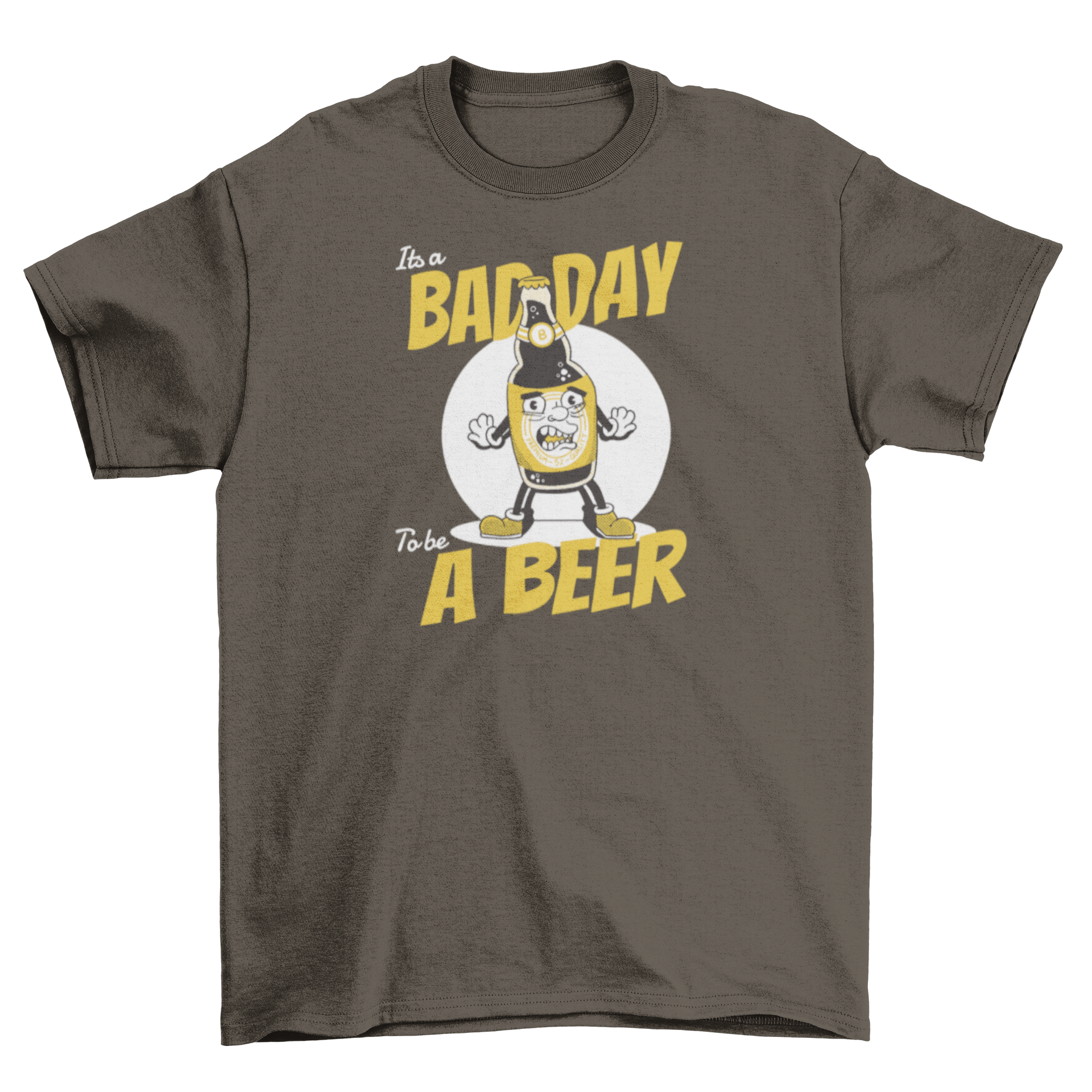 Funny cartoon t-shirt featuring a beer and the quote 'It's a bad day to be a beer'.