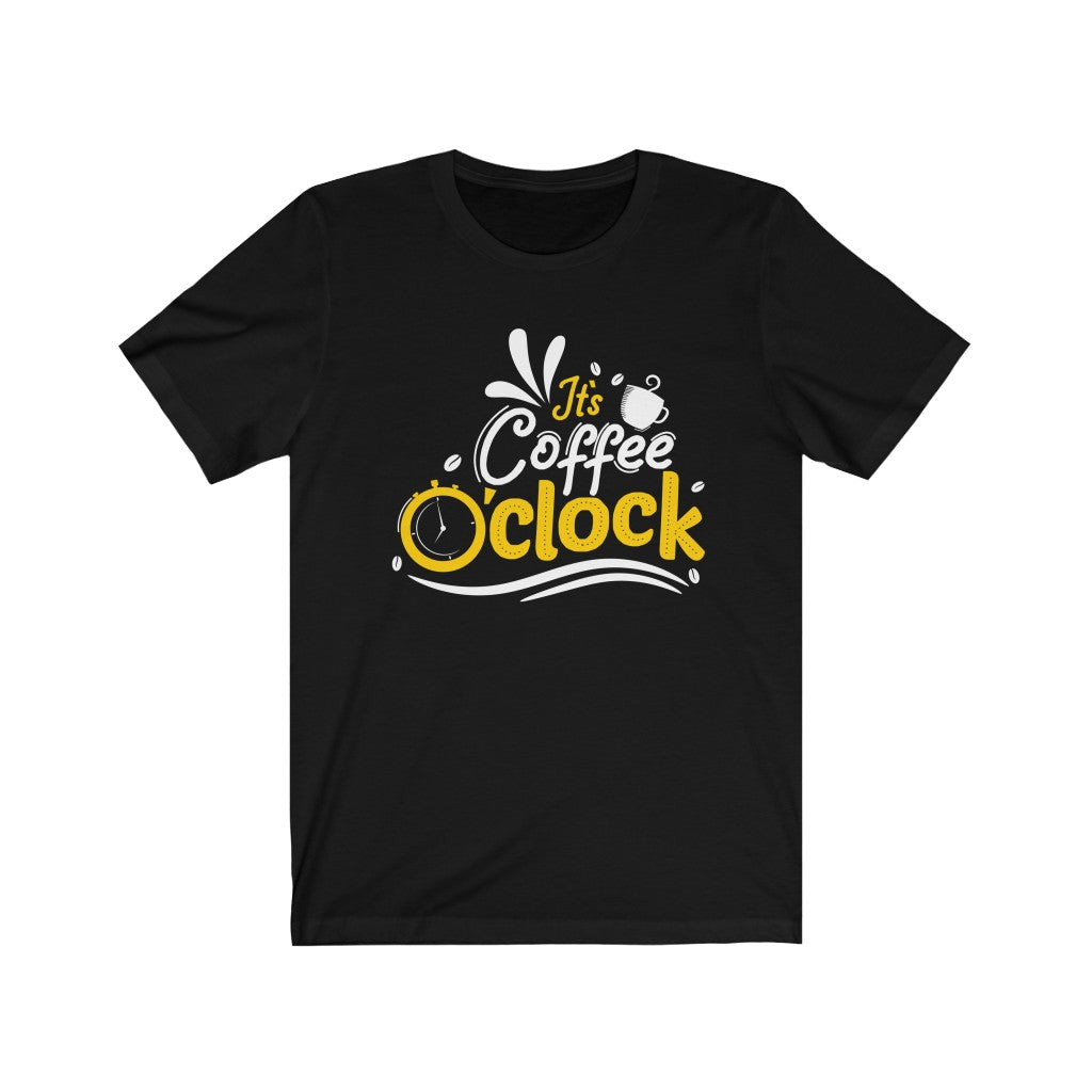 A stylish It's Coffee O'clock Coffee Lover T-Shirt made from 100% soft cotton, featuring a vibrant vinyl print, perfect for coffee enthusiasts.