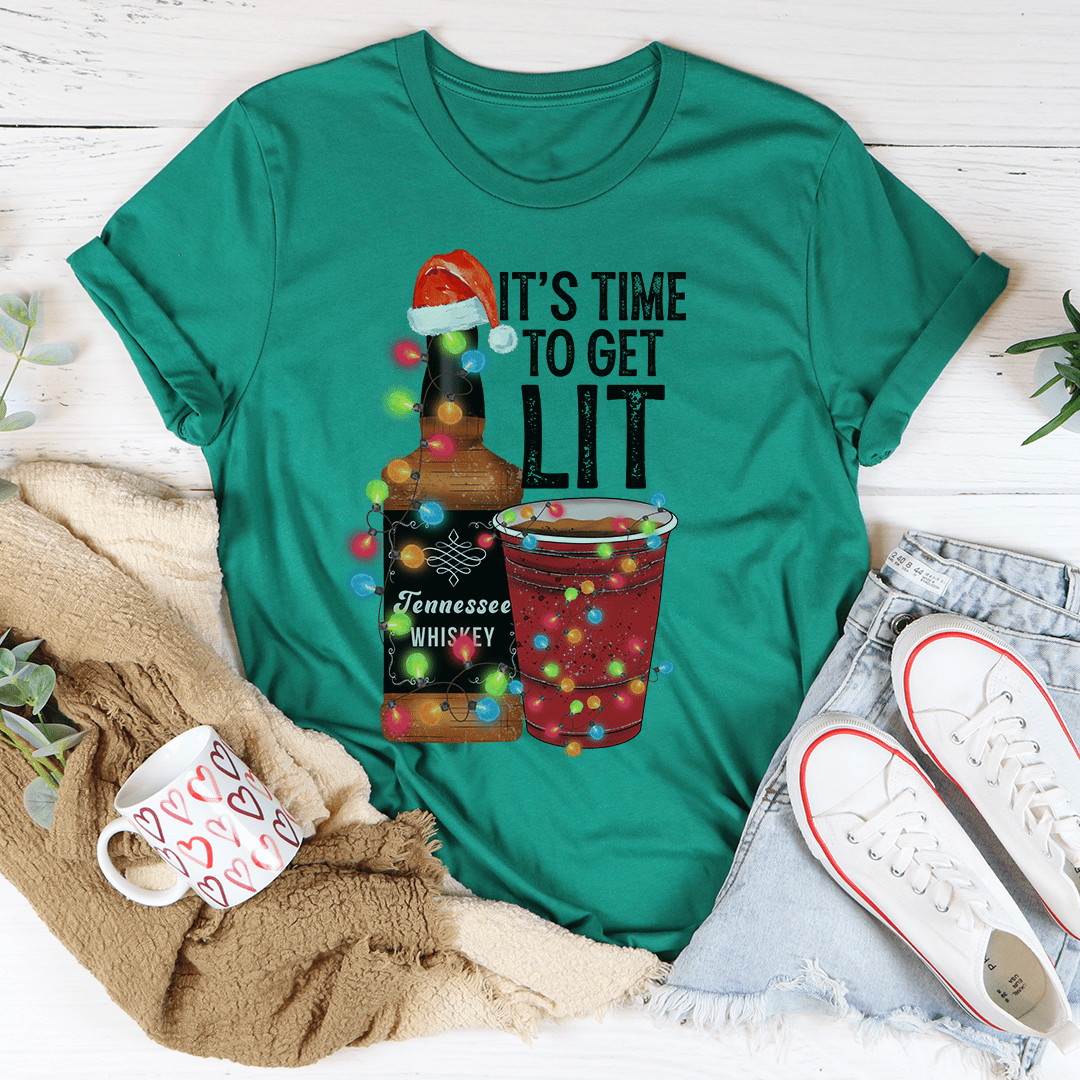 A festive Christmas-themed tee featuring the phrase 'It's Time To Get Lit', made from 100% soft cotton with vibrant digital printing.