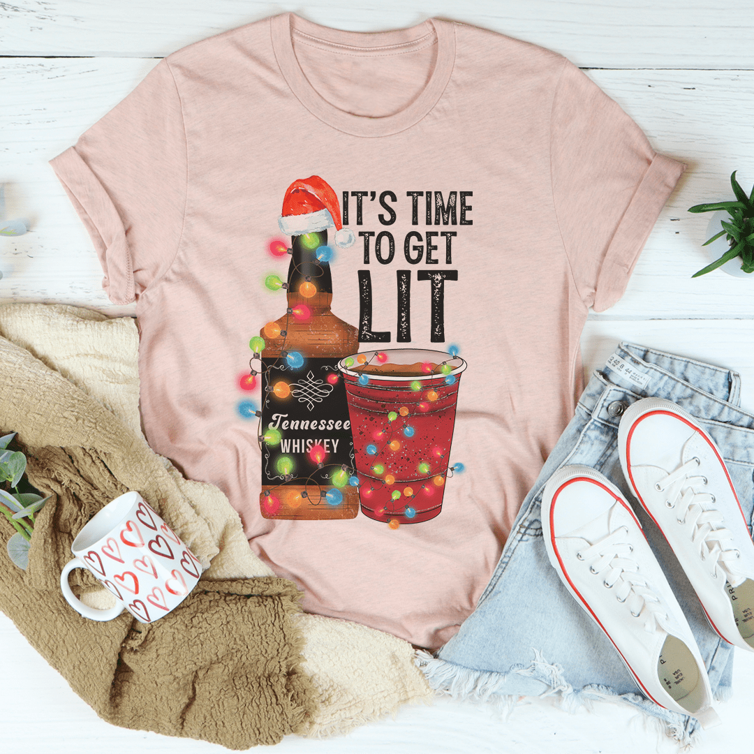 A festive Christmas-themed tee featuring the phrase 'It's Time To Get Lit', made from 100% soft cotton with vibrant digital printing.