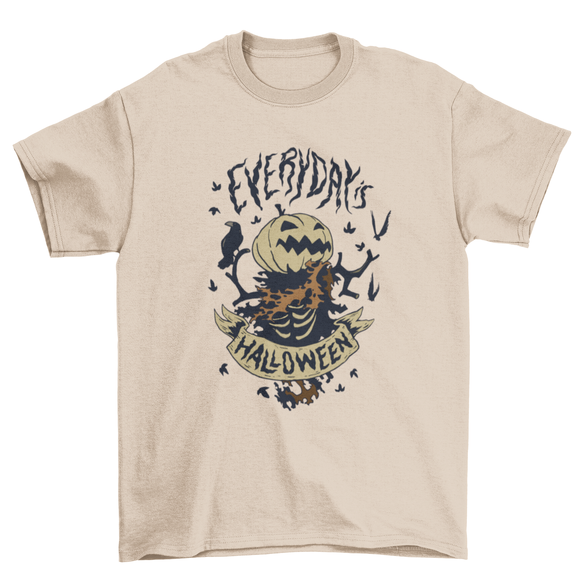 A spooky Jack o'Lantern monster t-shirt featuring a vibrant design and the quote 'Everyday is Halloween'.