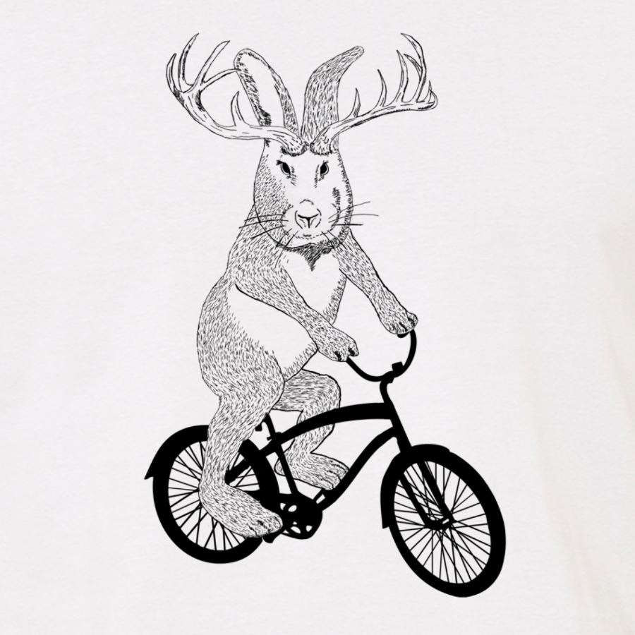 A whimsical Jackalope riding a bicycle, showcasing its antlers and playful design.