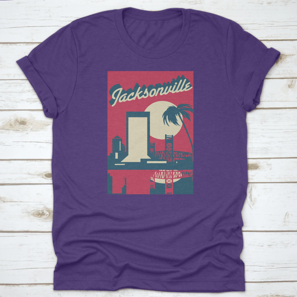 A vibrant pink vector graphic of the Jacksonville Florida skyline, showcasing iconic buildings and a modern design.