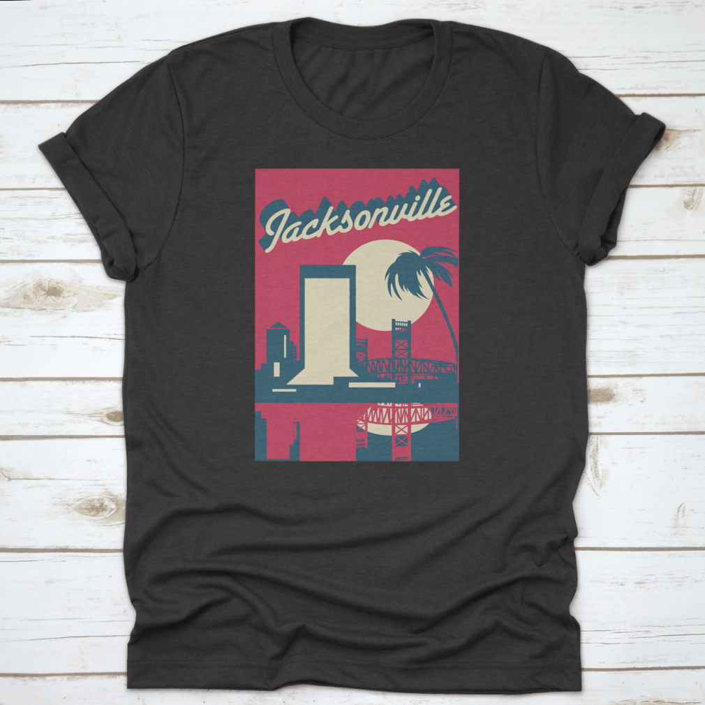 A vibrant pink vector graphic of the Jacksonville Florida skyline, showcasing iconic buildings and a modern design.