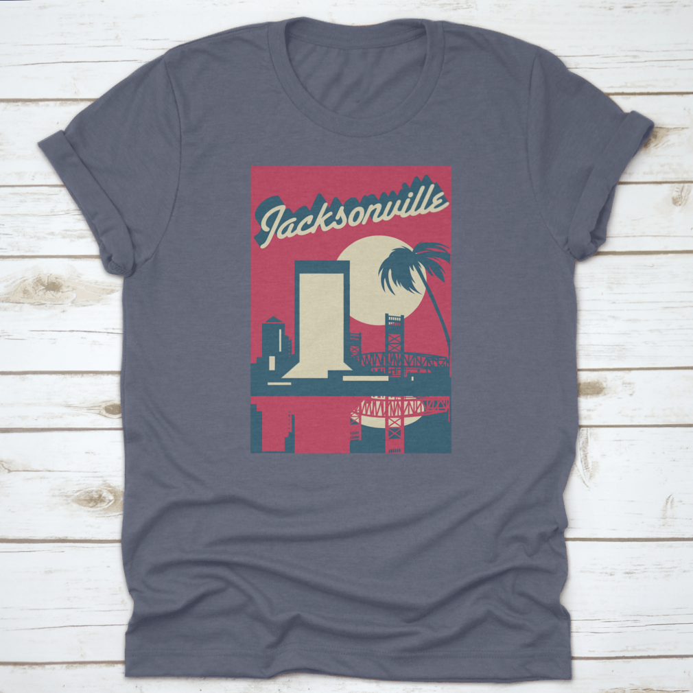 A vibrant pink vector graphic of the Jacksonville Florida skyline, showcasing iconic buildings and a modern design.