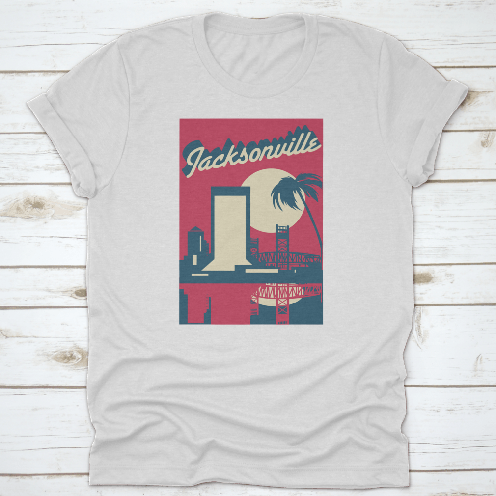 A vibrant pink vector graphic of the Jacksonville Florida skyline, showcasing iconic buildings and a modern design.