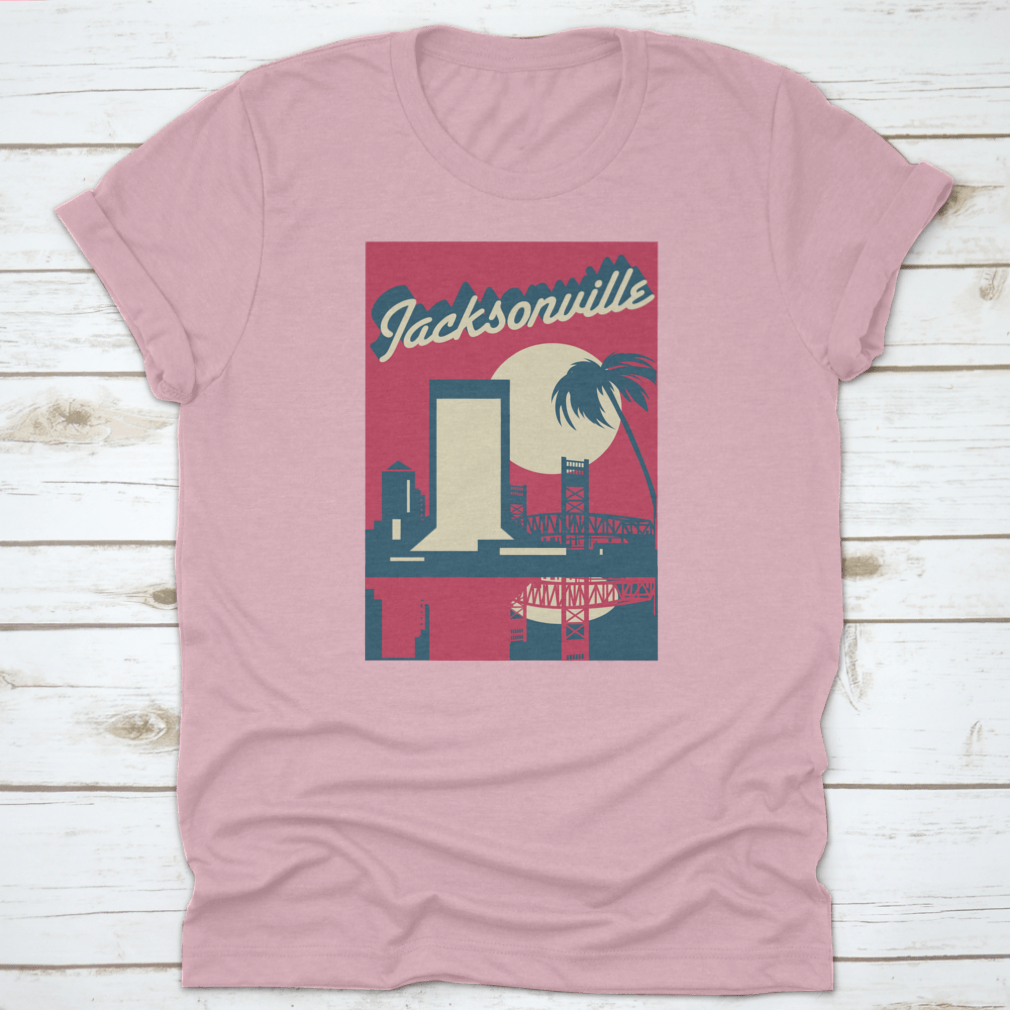 A vibrant pink vector graphic of the Jacksonville Florida skyline, showcasing iconic buildings and a modern design.