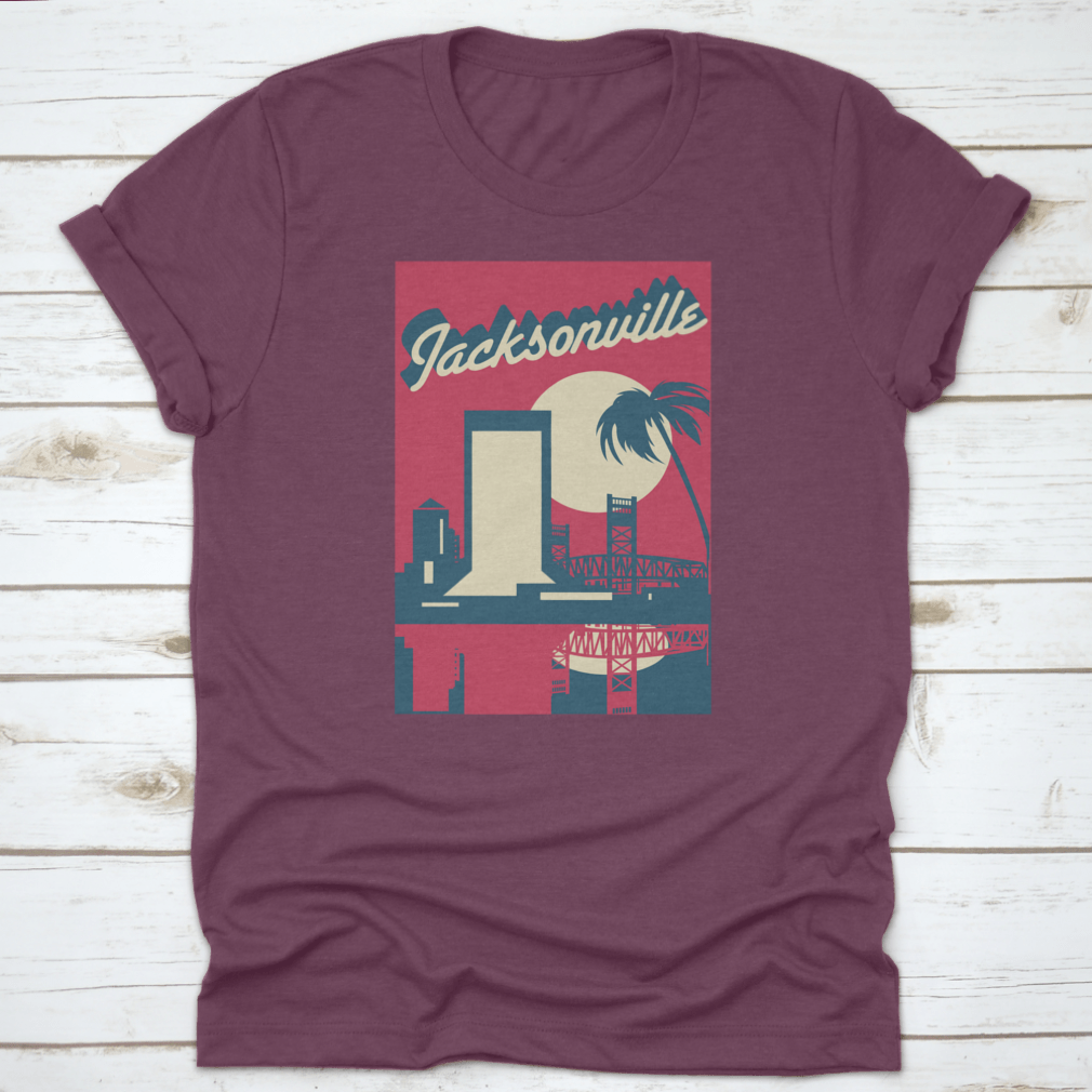 A vibrant pink vector graphic of the Jacksonville Florida skyline, showcasing iconic buildings and a modern design.