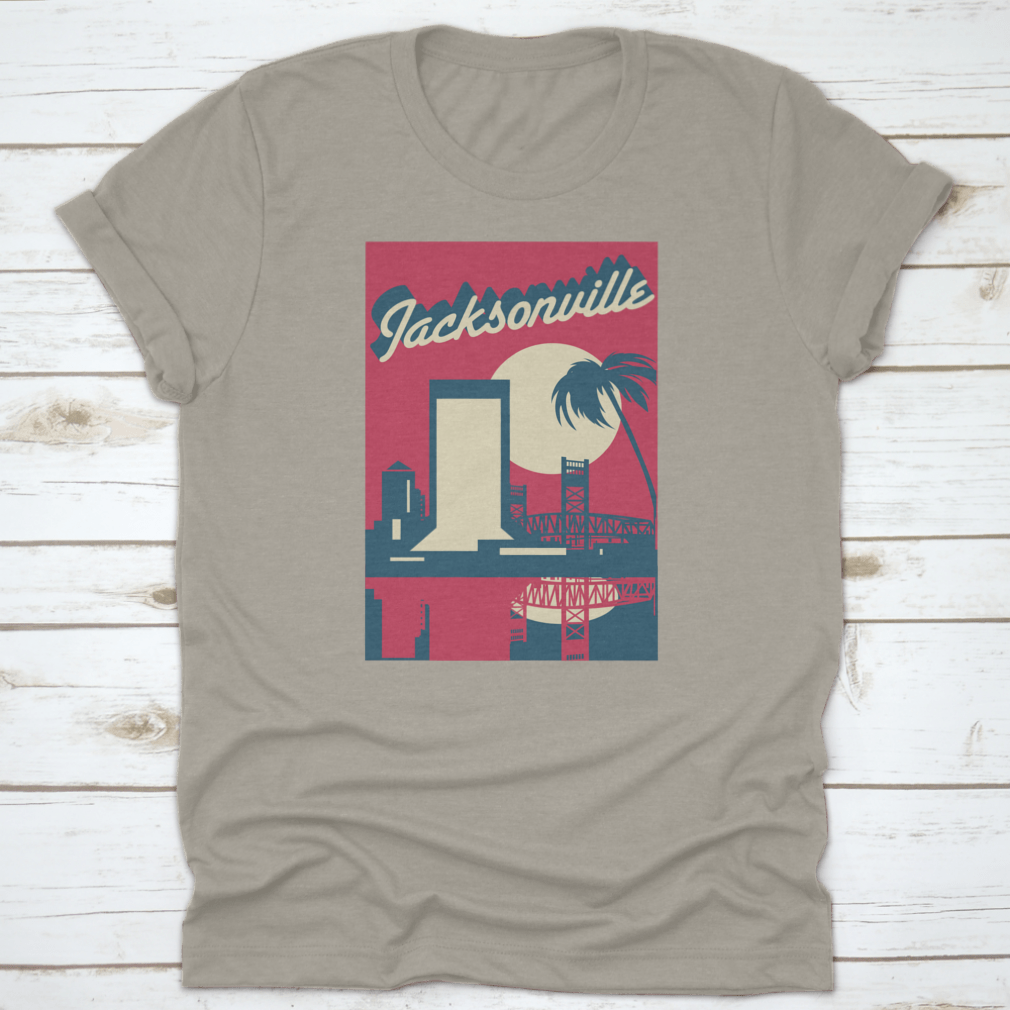 A vibrant pink vector graphic of the Jacksonville Florida skyline, showcasing iconic buildings and a modern design.