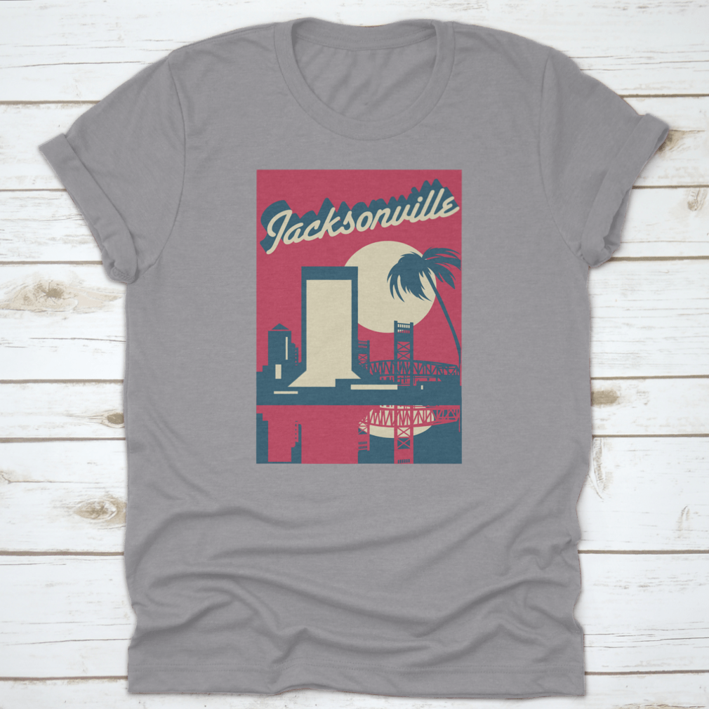 A vibrant pink vector graphic of the Jacksonville Florida skyline, showcasing iconic buildings and a modern design.