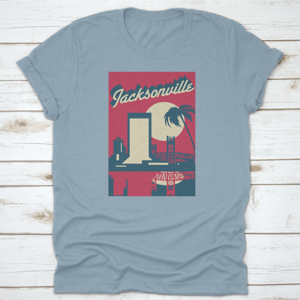 A vibrant pink vector graphic of the Jacksonville Florida skyline, showcasing iconic buildings and a modern design.