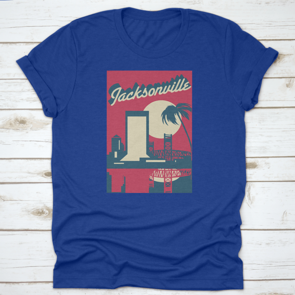 A vibrant pink vector graphic of the Jacksonville Florida skyline, showcasing iconic buildings and a modern design.