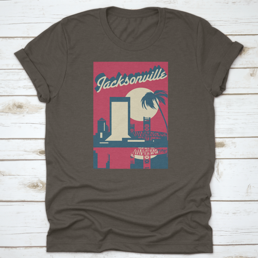 A vibrant pink vector graphic of the Jacksonville Florida skyline, showcasing iconic buildings and a modern design.