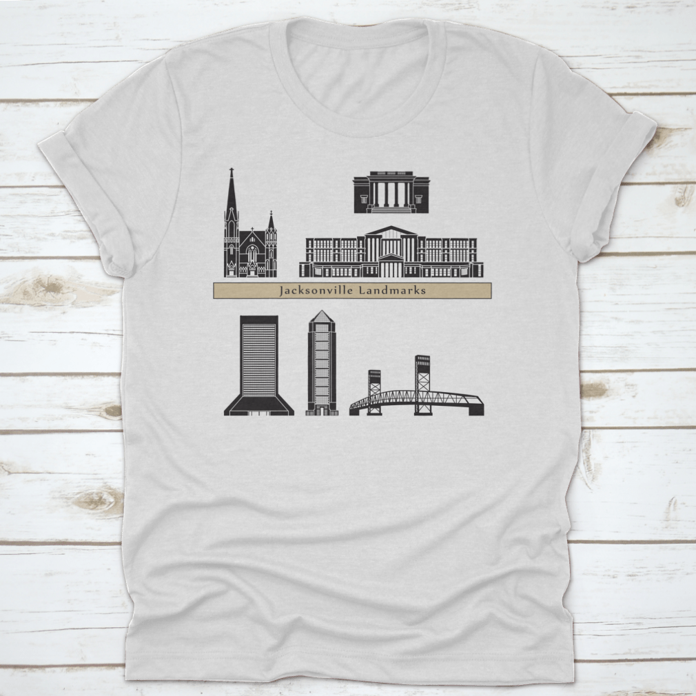 A stylish t-shirt featuring Jacksonville landmarks and monuments on a blue background, showcasing the city's rich culture.