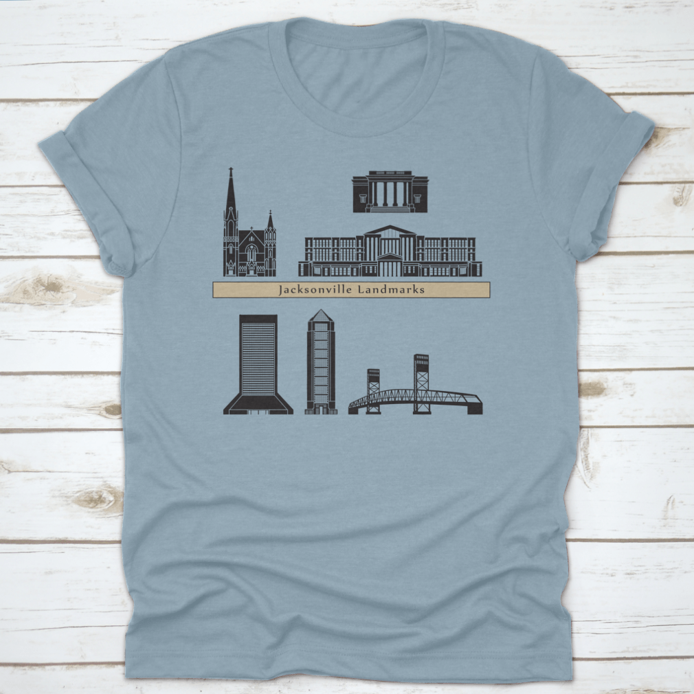 A stylish t-shirt featuring Jacksonville landmarks and monuments on a blue background, showcasing the city's rich culture.