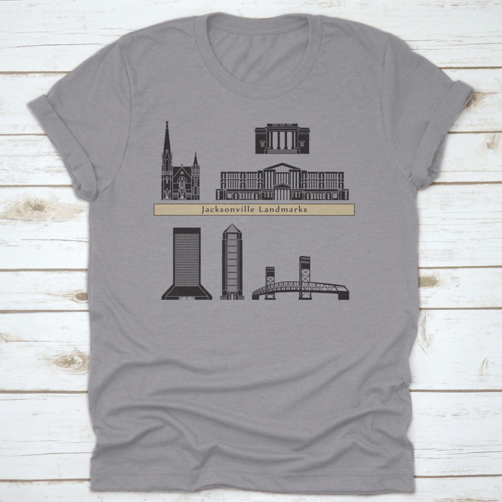 A stylish t-shirt featuring Jacksonville landmarks and monuments on a blue background, showcasing the city's rich culture.
