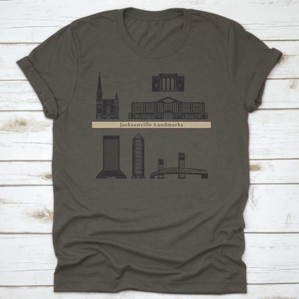 A stylish t-shirt featuring Jacksonville landmarks and monuments on a blue background, showcasing the city's rich culture.