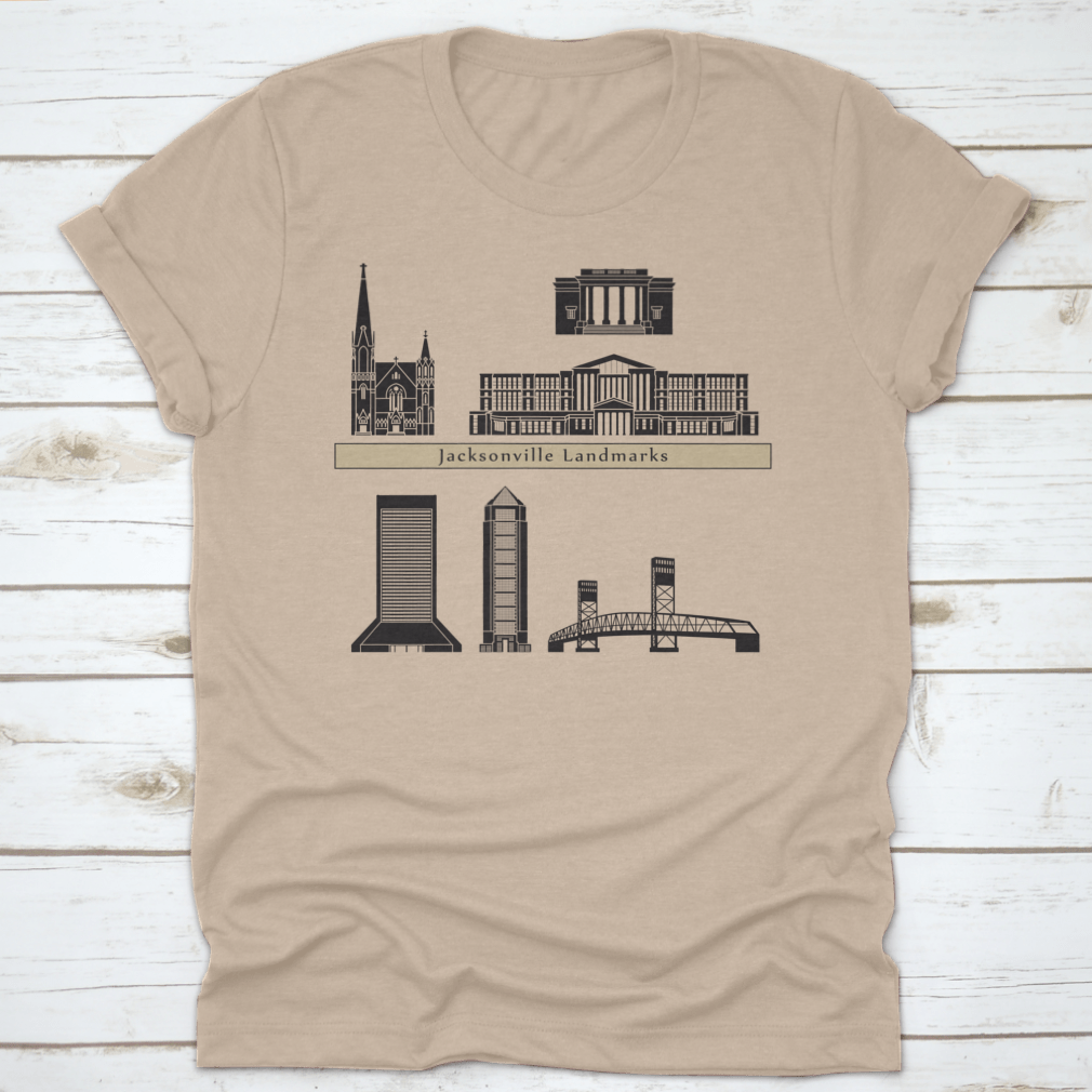 A stylish t-shirt featuring Jacksonville landmarks and monuments on a blue background, showcasing the city's rich culture.