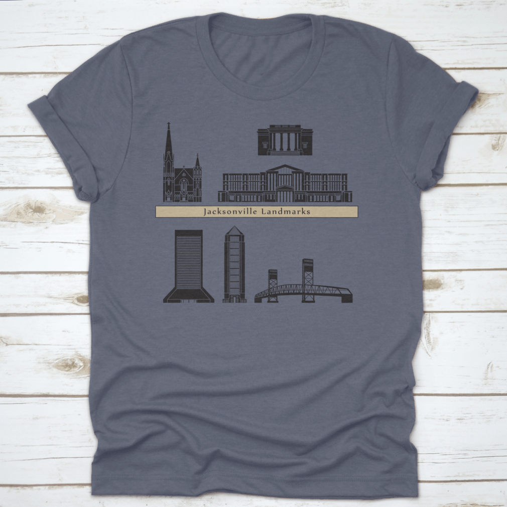A stylish t-shirt featuring Jacksonville landmarks and monuments on a blue background, showcasing the city's rich culture.
