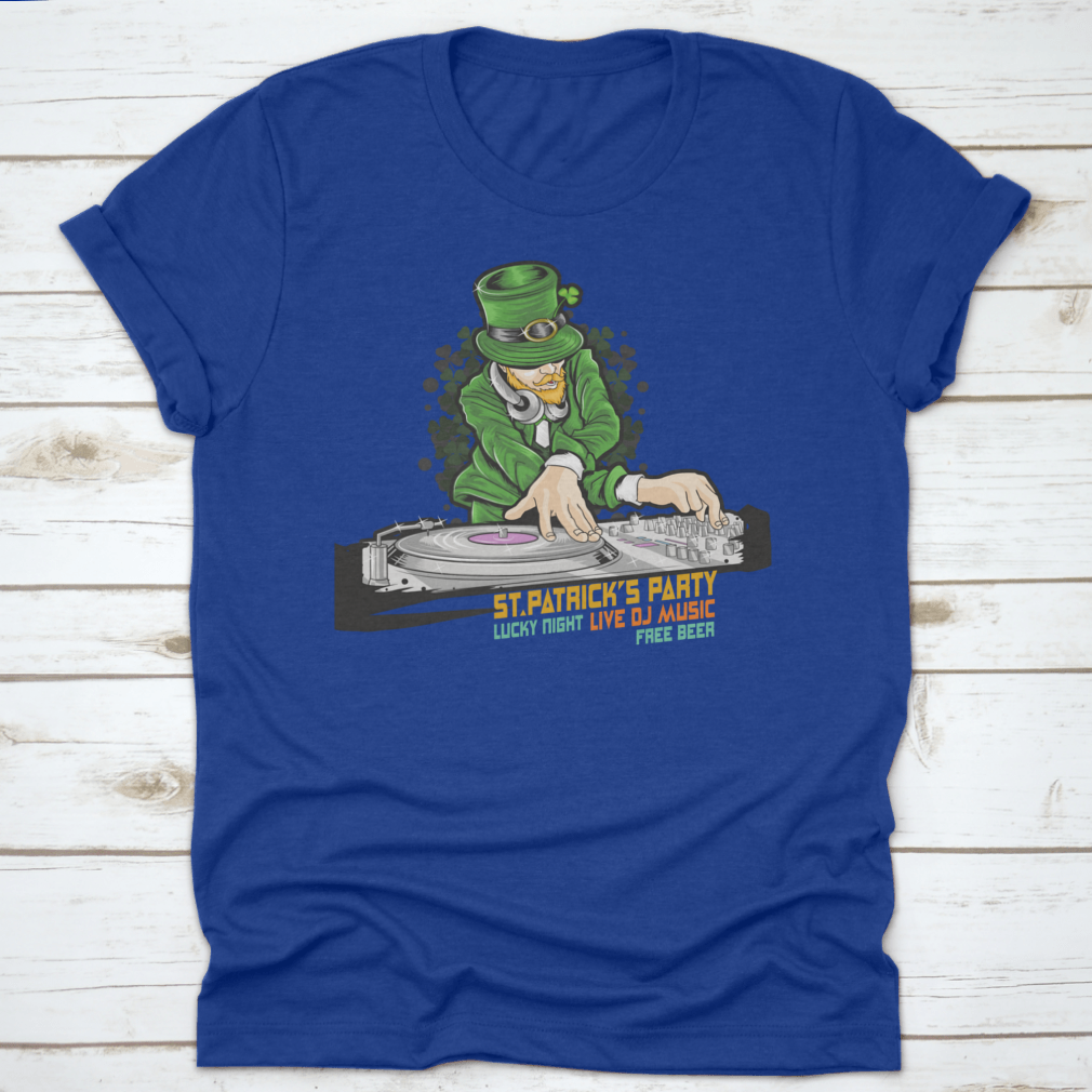 A vibrant green t-shirt featuring the text 'St. Patrick's Party Lucky', made from 100% cotton, perfect for St. Patrick's Day celebrations.