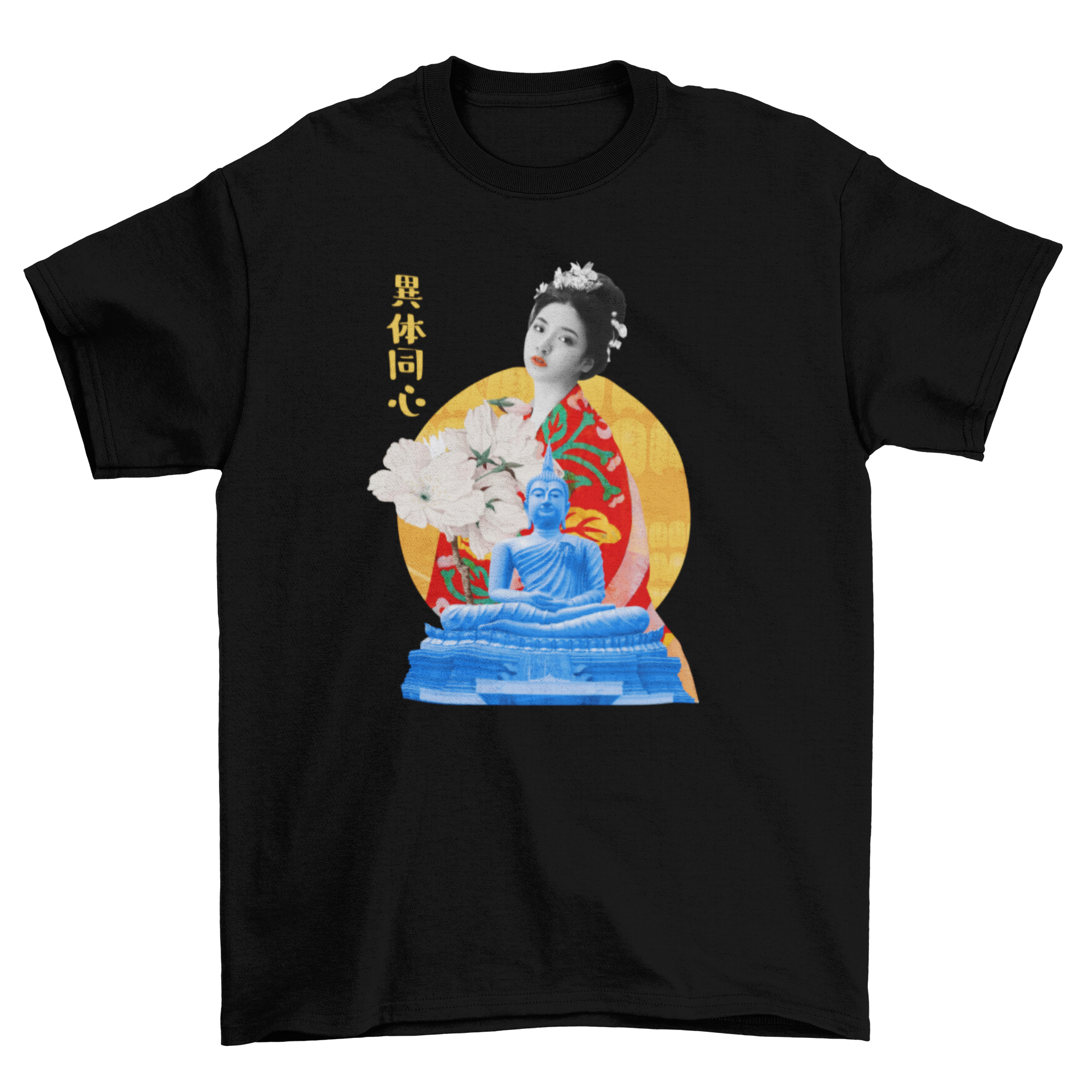 A stylish t-shirt featuring a collage of a Japanese girl and Buddha surrounded by floral elements, showcasing vibrant colors and artistic design.