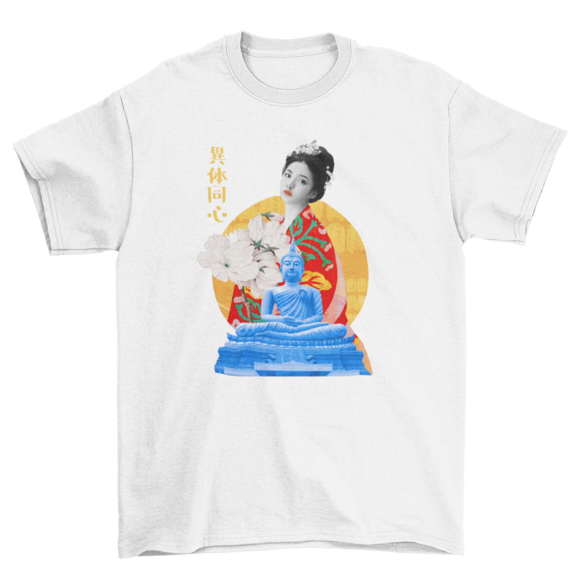 A stylish t-shirt featuring a collage of a Japanese girl and Buddha surrounded by floral elements, showcasing vibrant colors and artistic design.