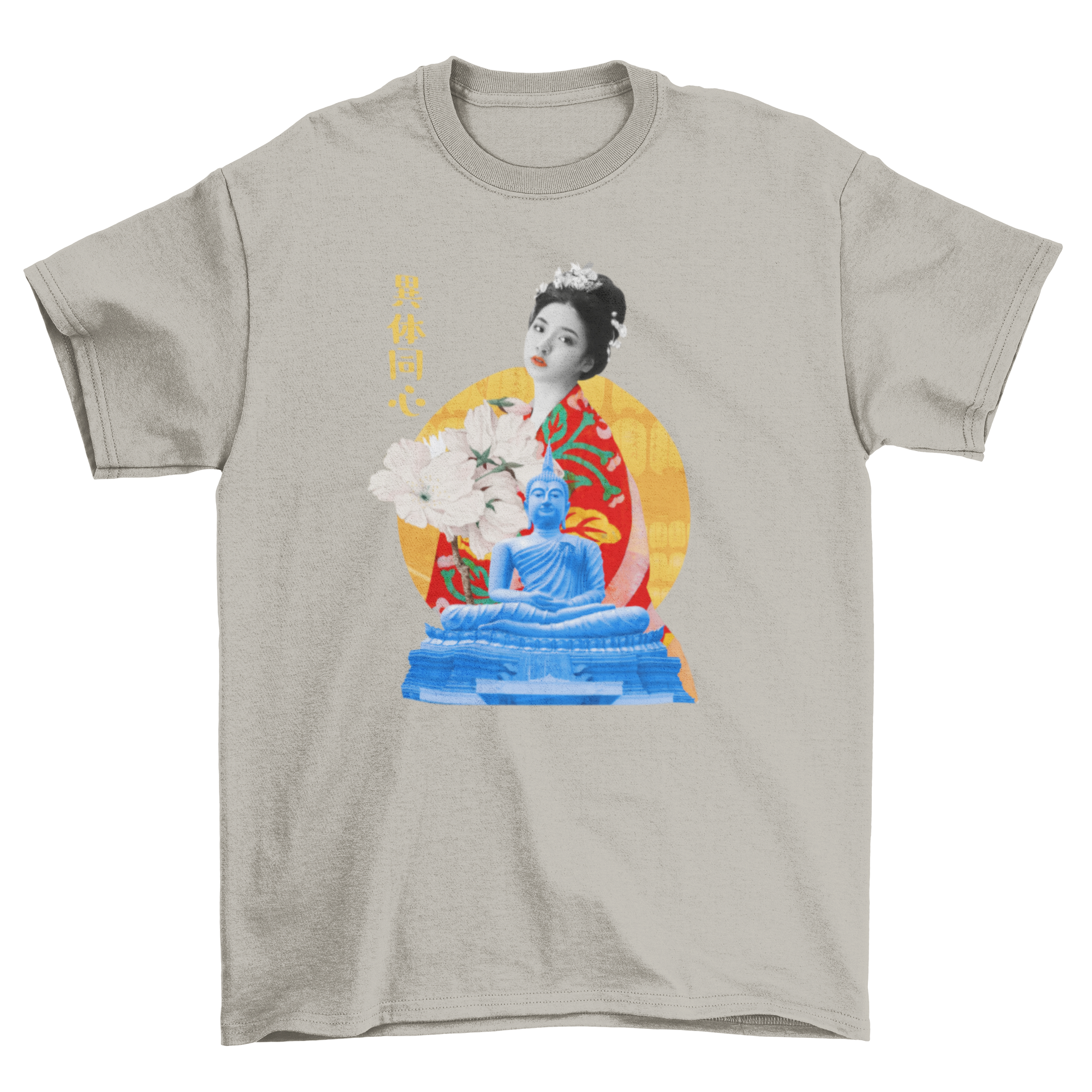 A stylish t-shirt featuring a collage of a Japanese girl and Buddha surrounded by floral elements, showcasing vibrant colors and artistic design.