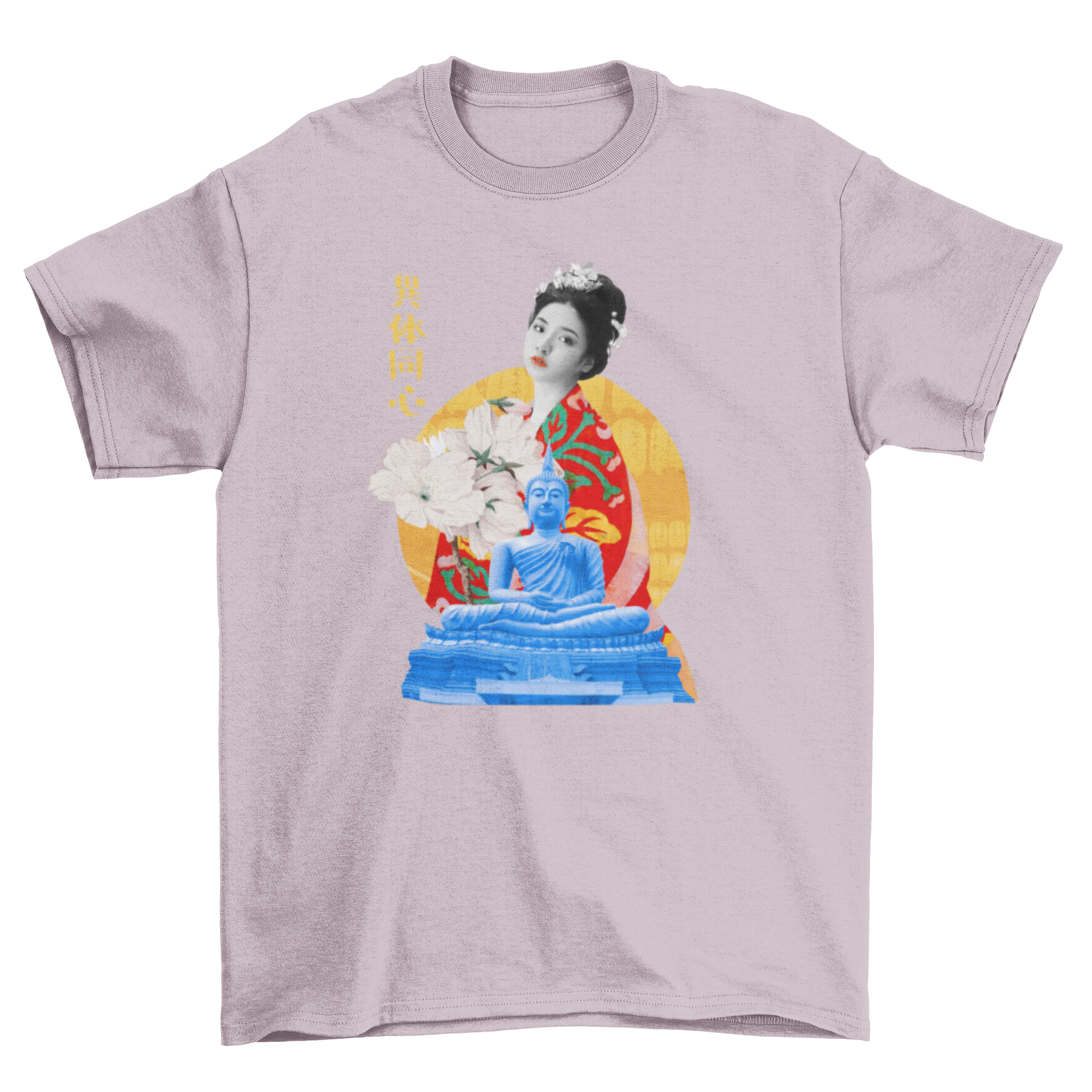A stylish t-shirt featuring a collage of a Japanese girl and Buddha surrounded by floral elements, showcasing vibrant colors and artistic design.