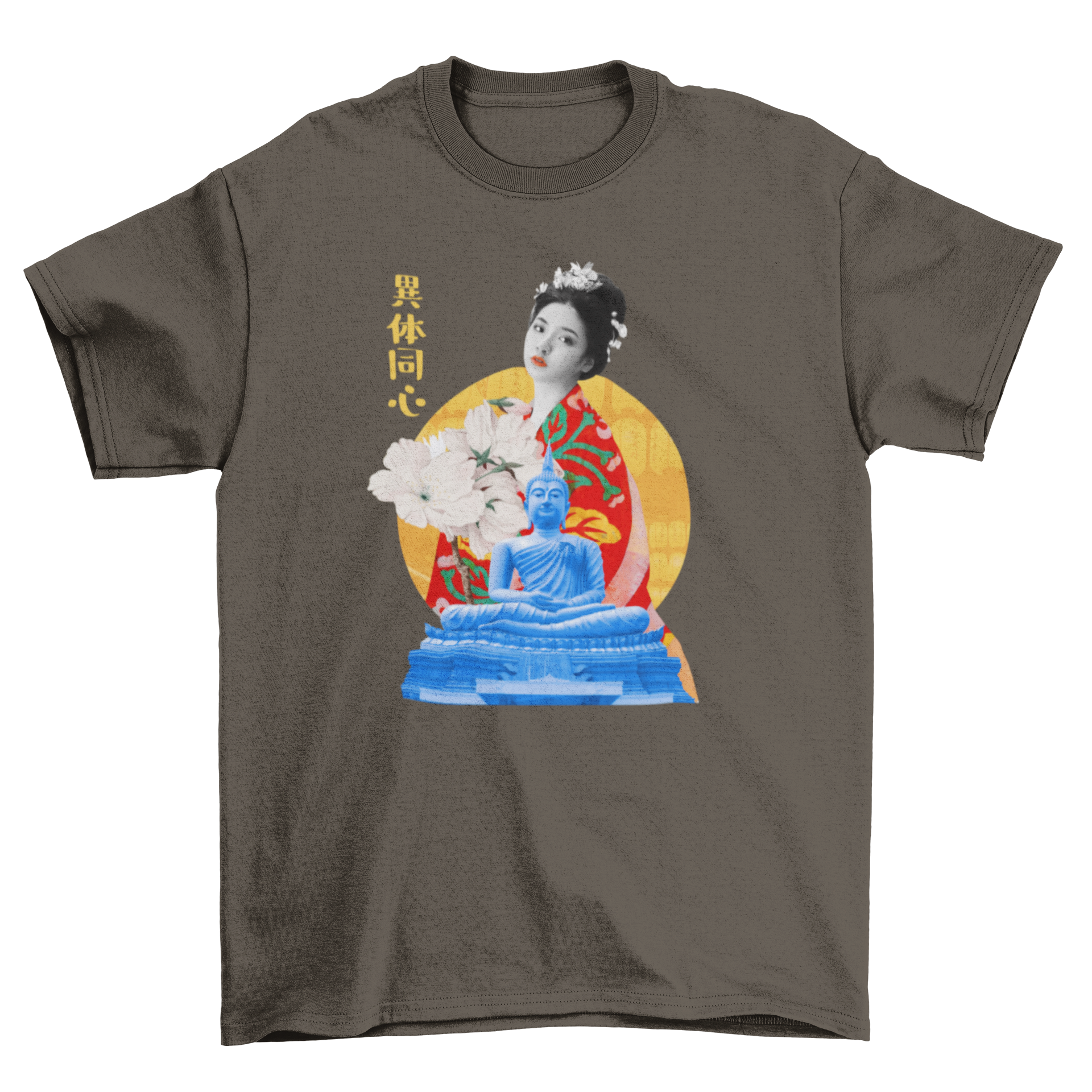 A stylish t-shirt featuring a collage of a Japanese girl and Buddha surrounded by floral elements, showcasing vibrant colors and artistic design.