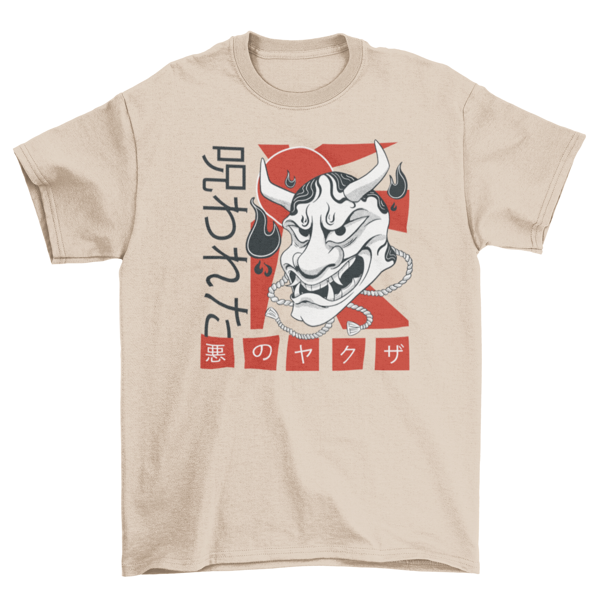 A stylish Japanese demon cartoon t-shirt featuring vibrant colors and kanji characters, perfect for casual wear.