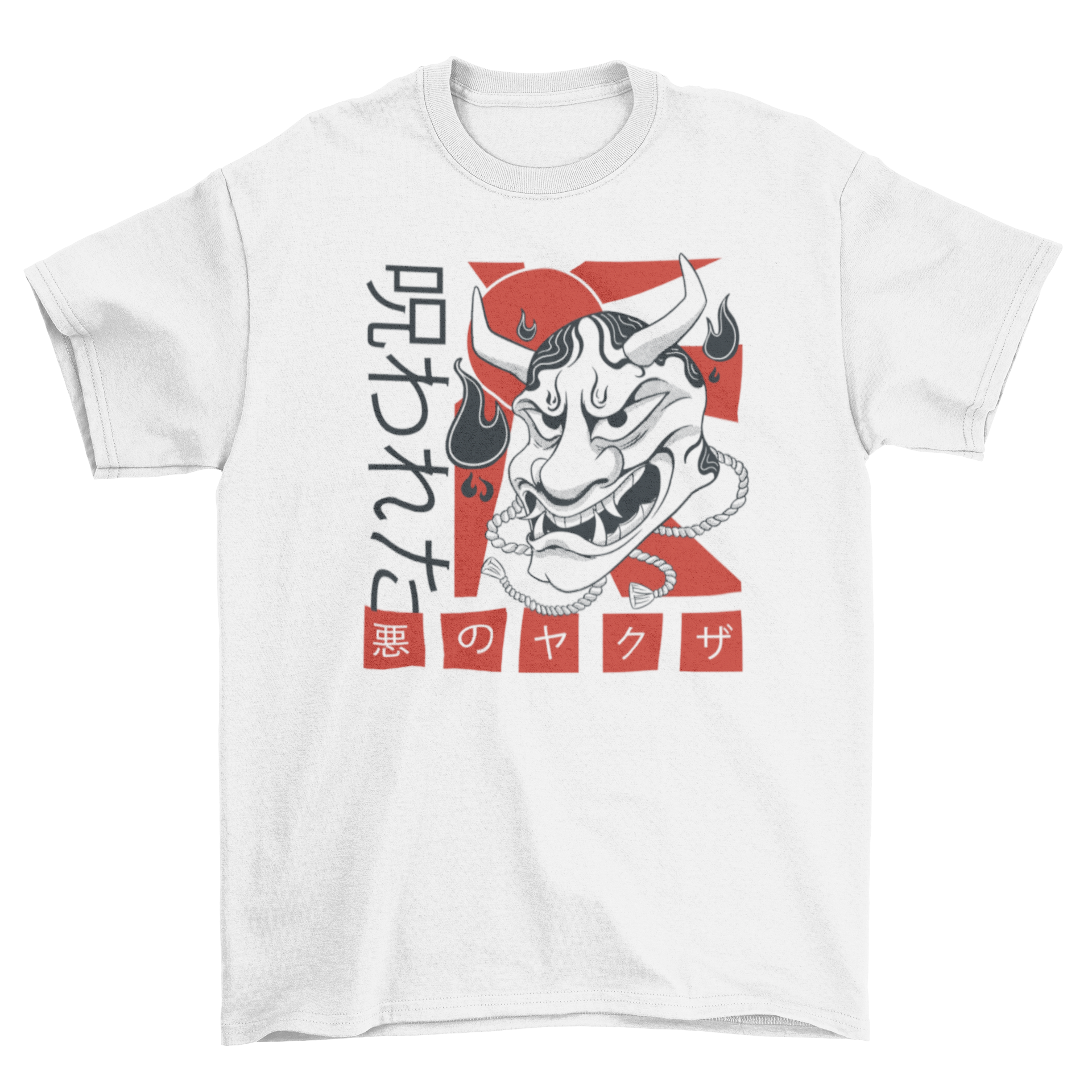 A stylish Japanese demon cartoon t-shirt featuring vibrant colors and kanji characters, perfect for casual wear.