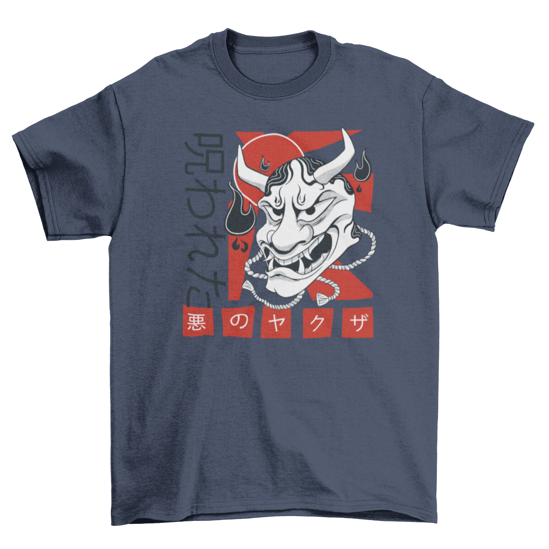 A stylish Japanese demon cartoon t-shirt featuring vibrant colors and kanji characters, perfect for casual wear.