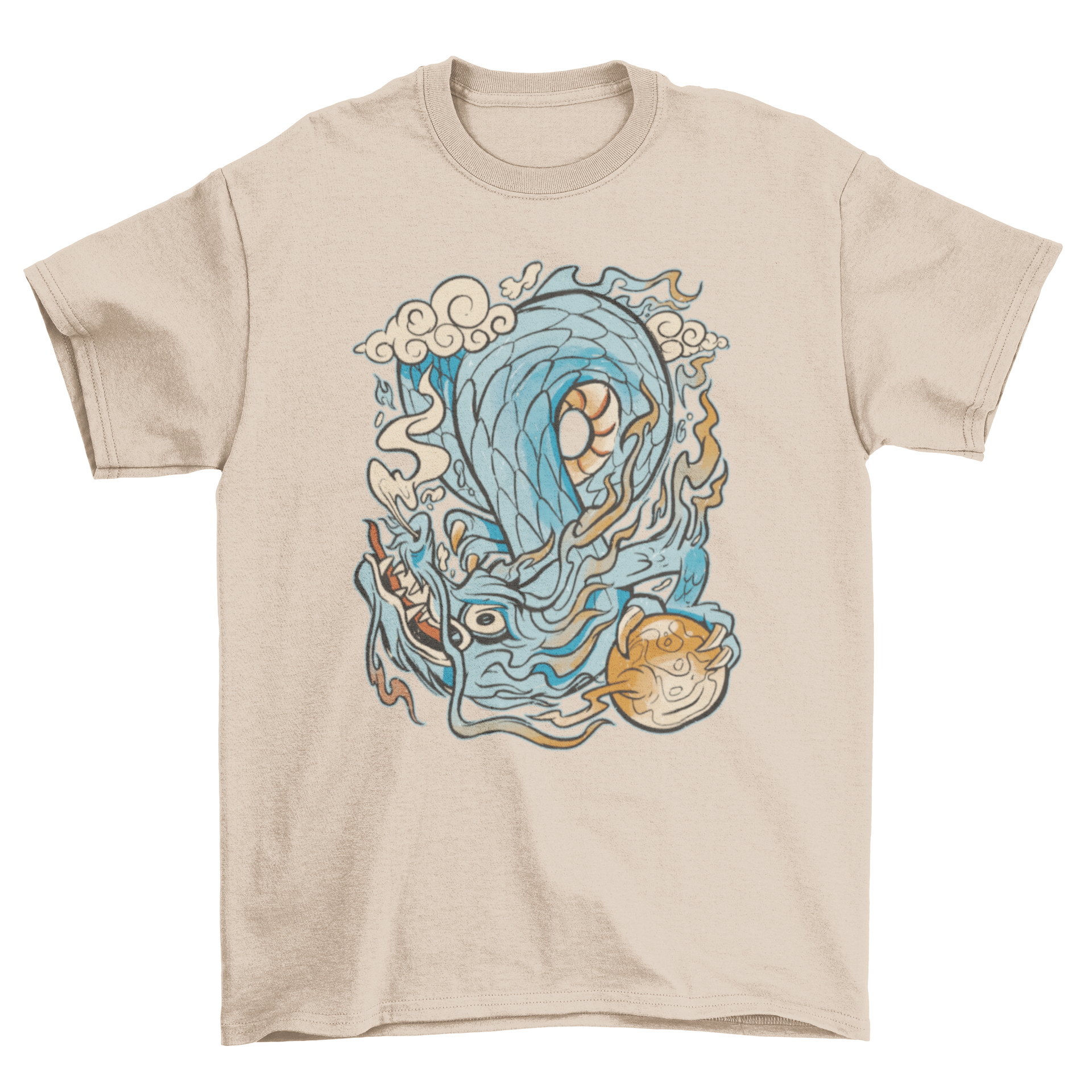 A traditional Japanese dragon design on a stylish t-shirt, showcasing intricate details and vibrant colors.