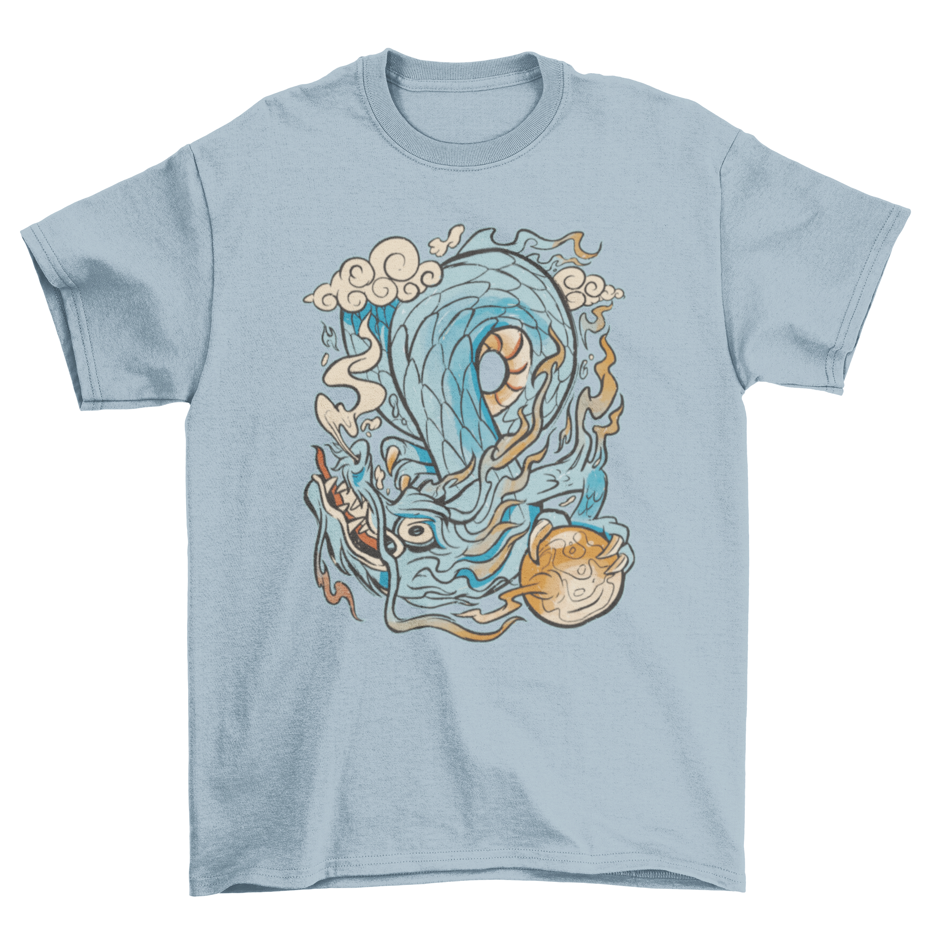 A traditional Japanese dragon design on a stylish t-shirt, showcasing intricate details and vibrant colors.
