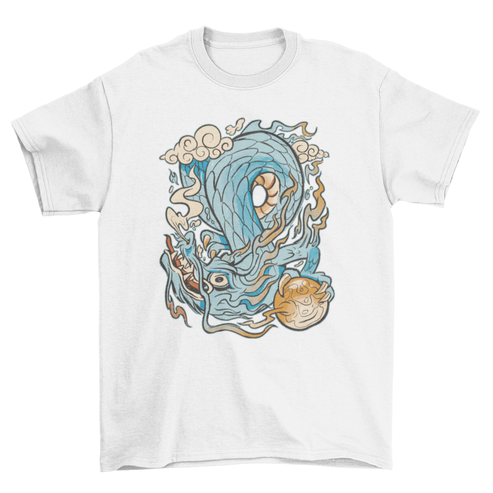 A traditional Japanese dragon design on a stylish t-shirt, showcasing intricate details and vibrant colors.