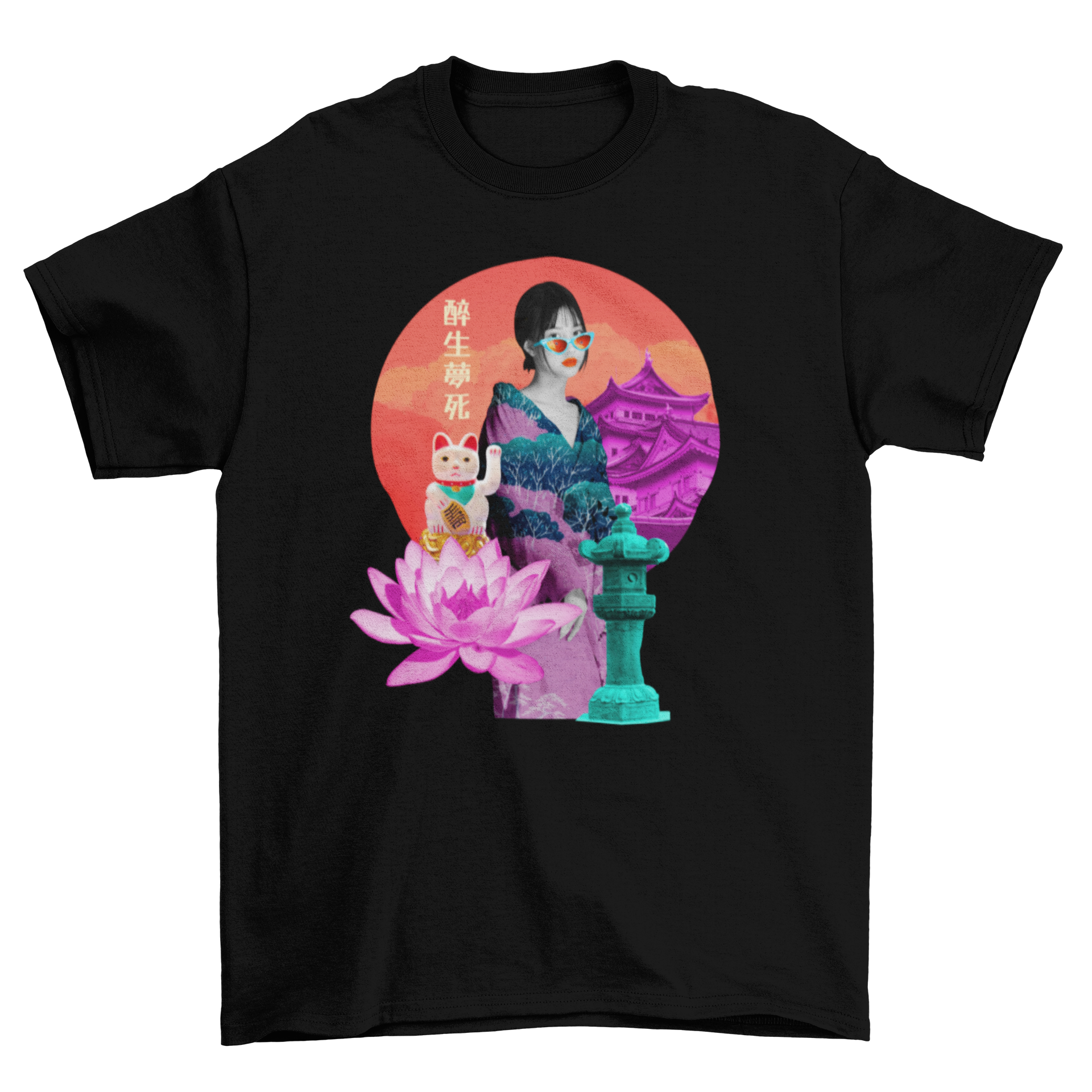 A vibrant t-shirt featuring a collage of Japanese culture elements, including geishas, temples, and playful cats.