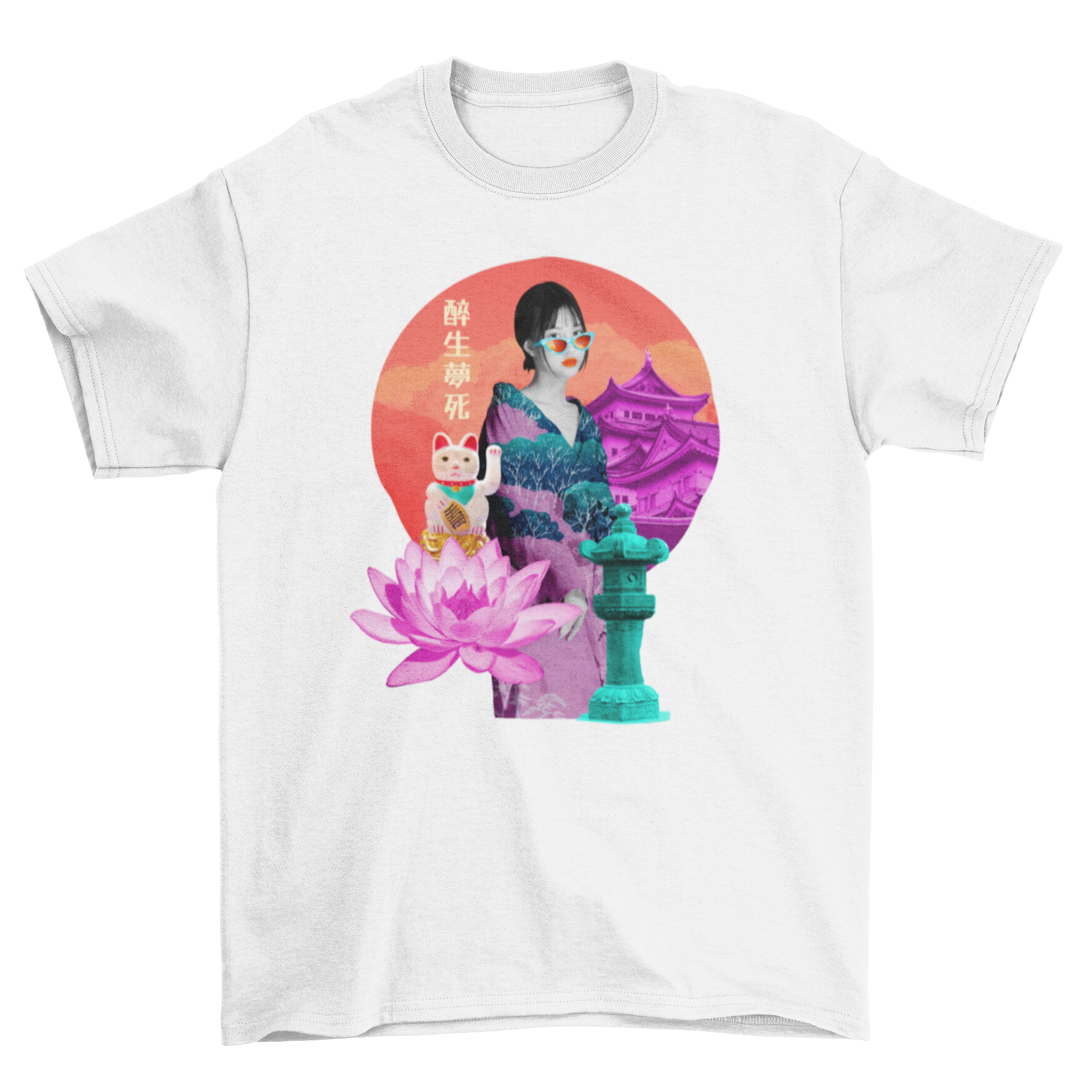 A vibrant t-shirt featuring a collage of Japanese culture elements, including geishas, temples, and playful cats.