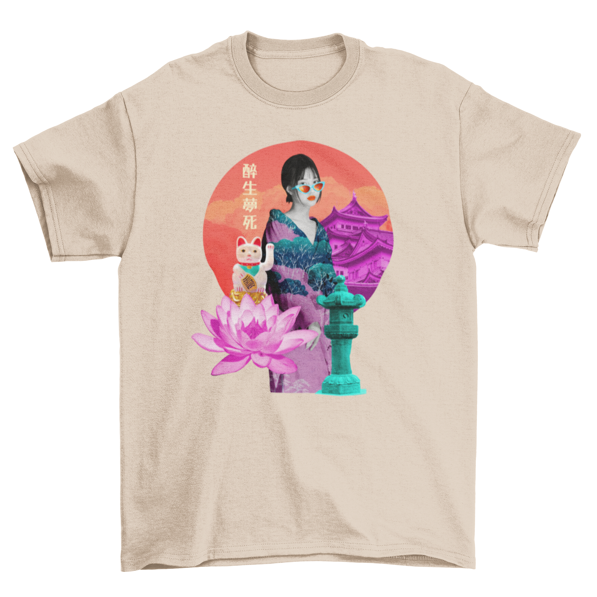 A vibrant t-shirt featuring a collage of Japanese culture elements, including geishas, temples, and playful cats.