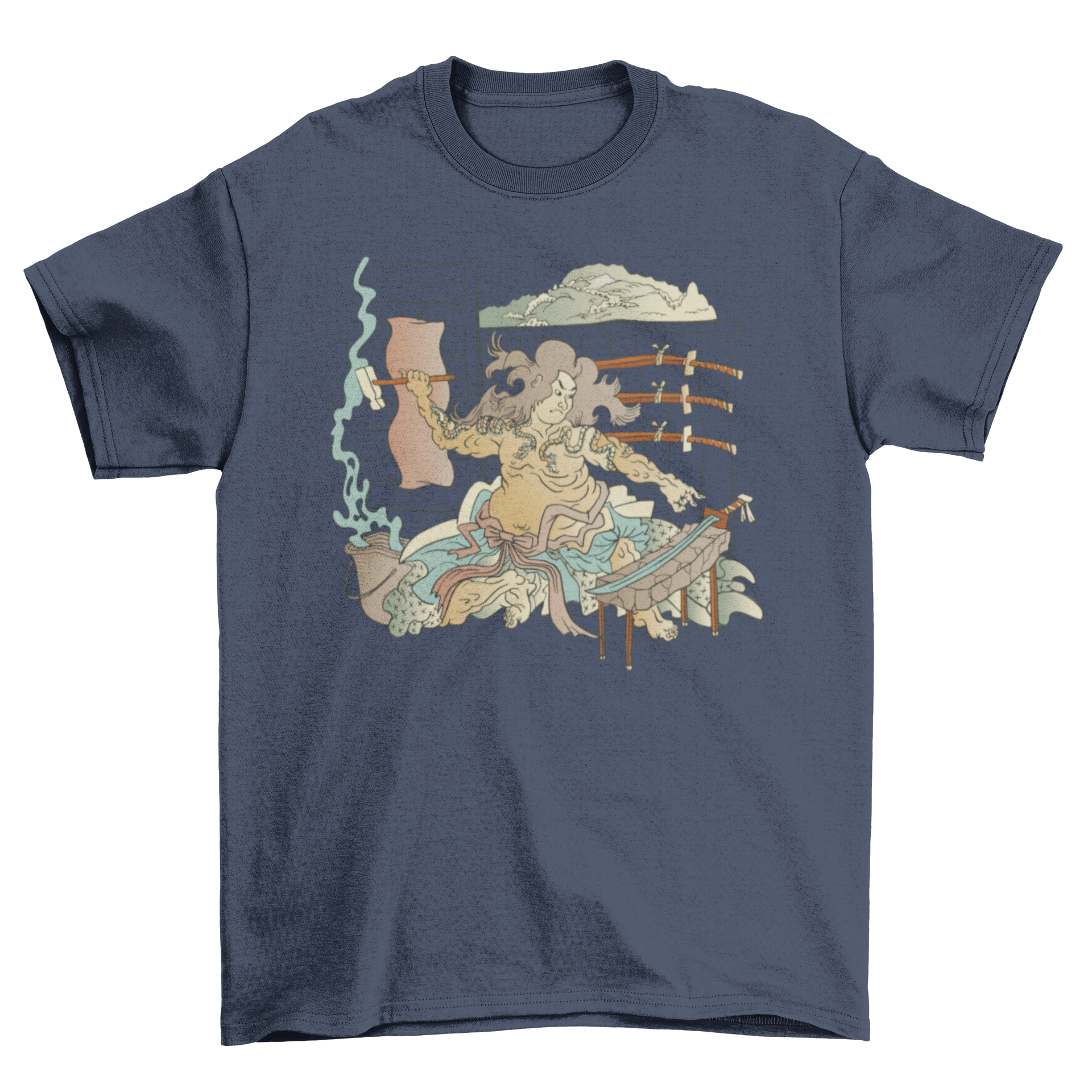 A stylish black t-shirt featuring a detailed illustration of a blacksmith forging a katana sword, showcasing craftsmanship and Japanese culture.