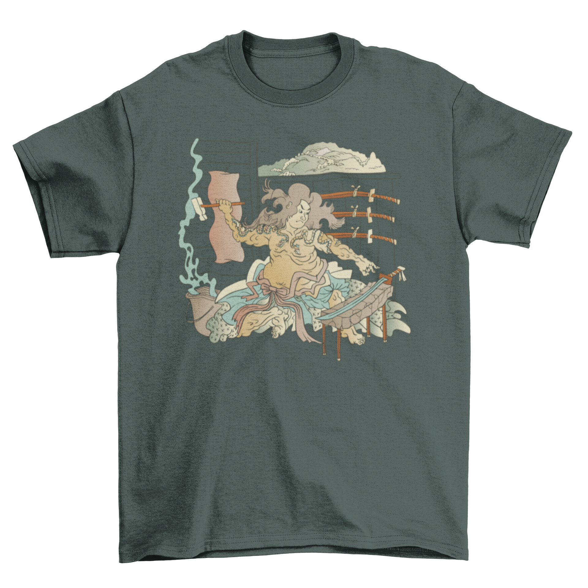 A stylish black t-shirt featuring a detailed illustration of a blacksmith forging a katana sword, showcasing craftsmanship and Japanese culture.