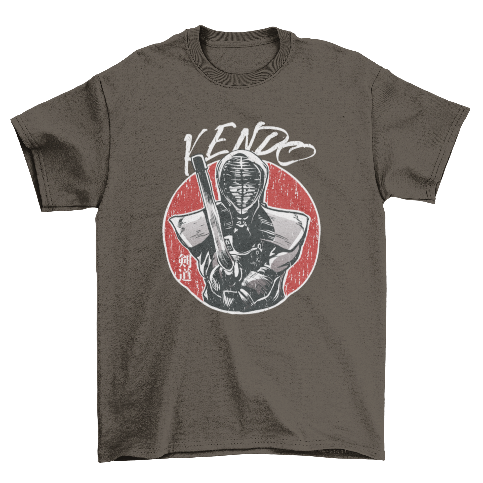 Textured t-shirt featuring a dynamic Kendo fighter design, showcasing martial arts and sword fighting.