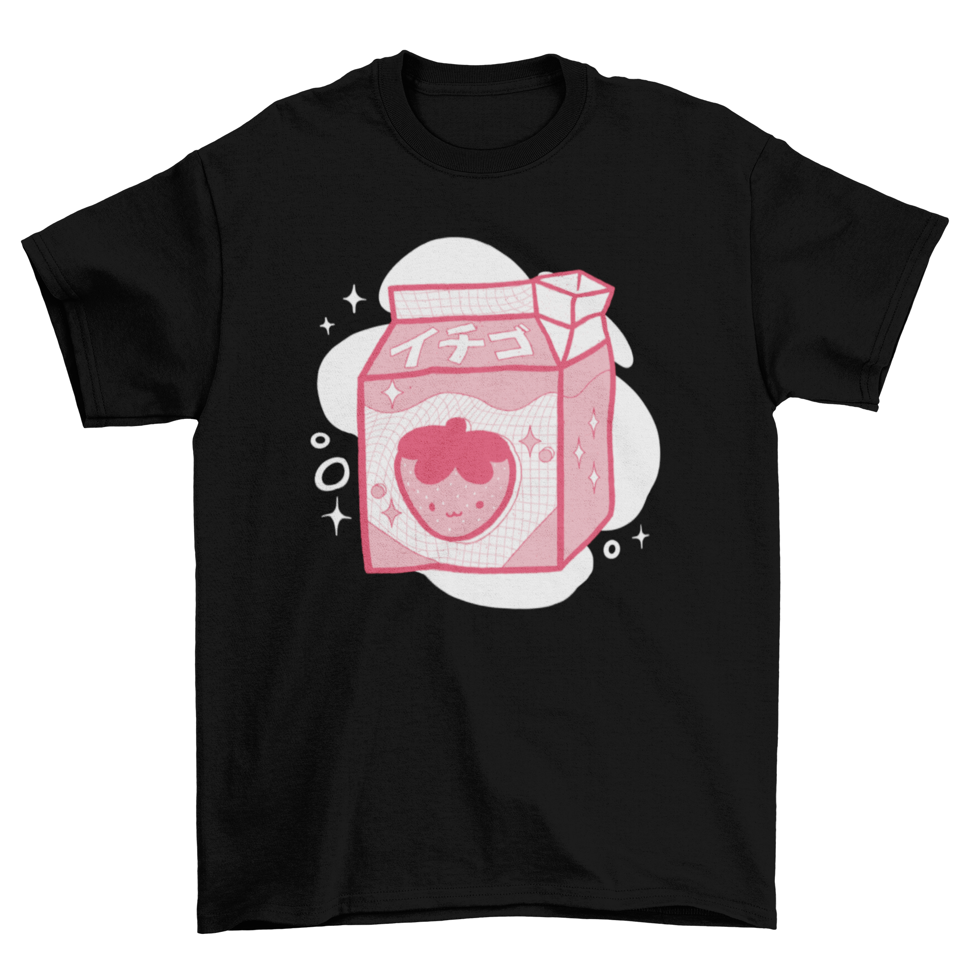 A cute t-shirt featuring a Japanese carton of strawberry milk design, perfect for casual wear.