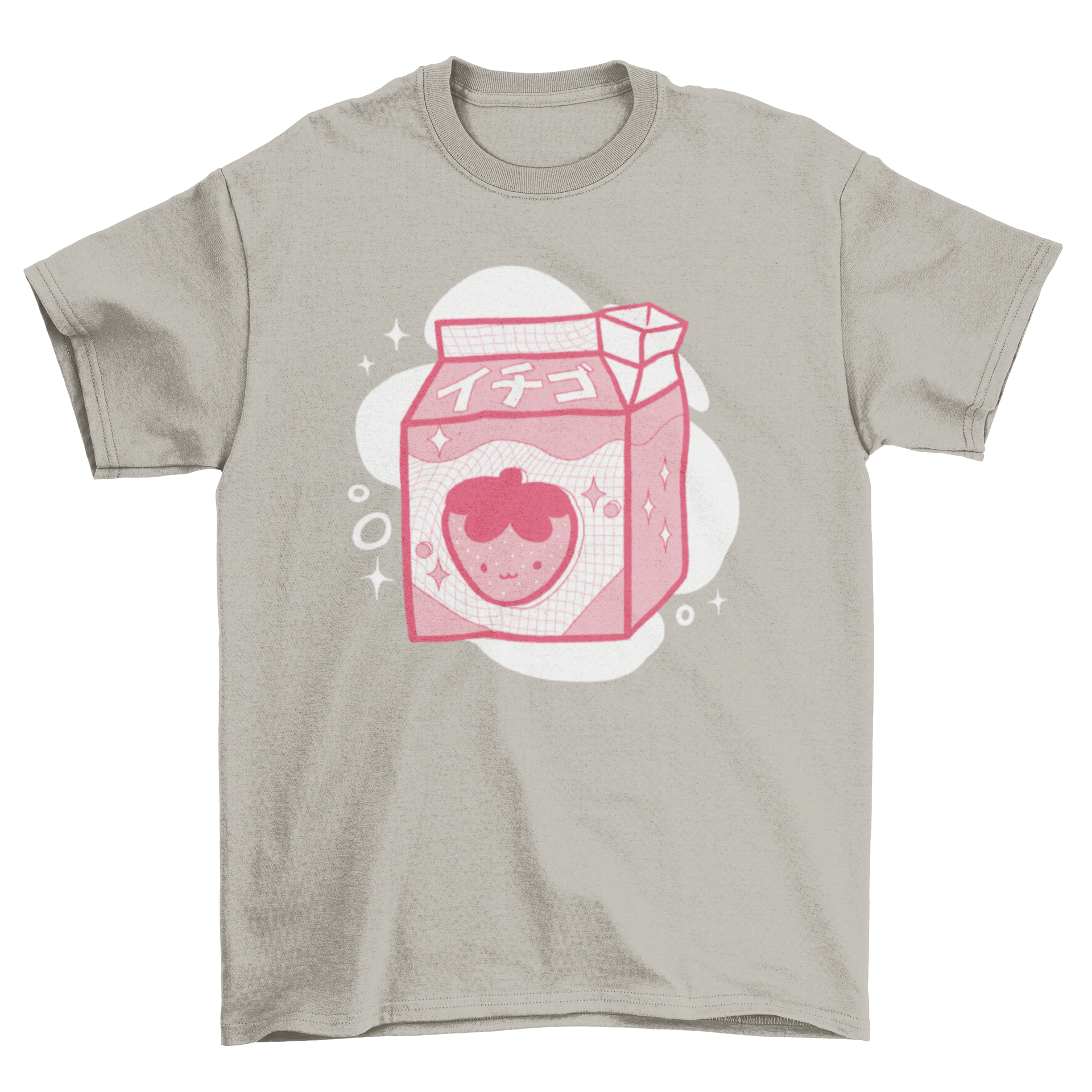 A cute t-shirt featuring a Japanese carton of strawberry milk design, perfect for casual wear.