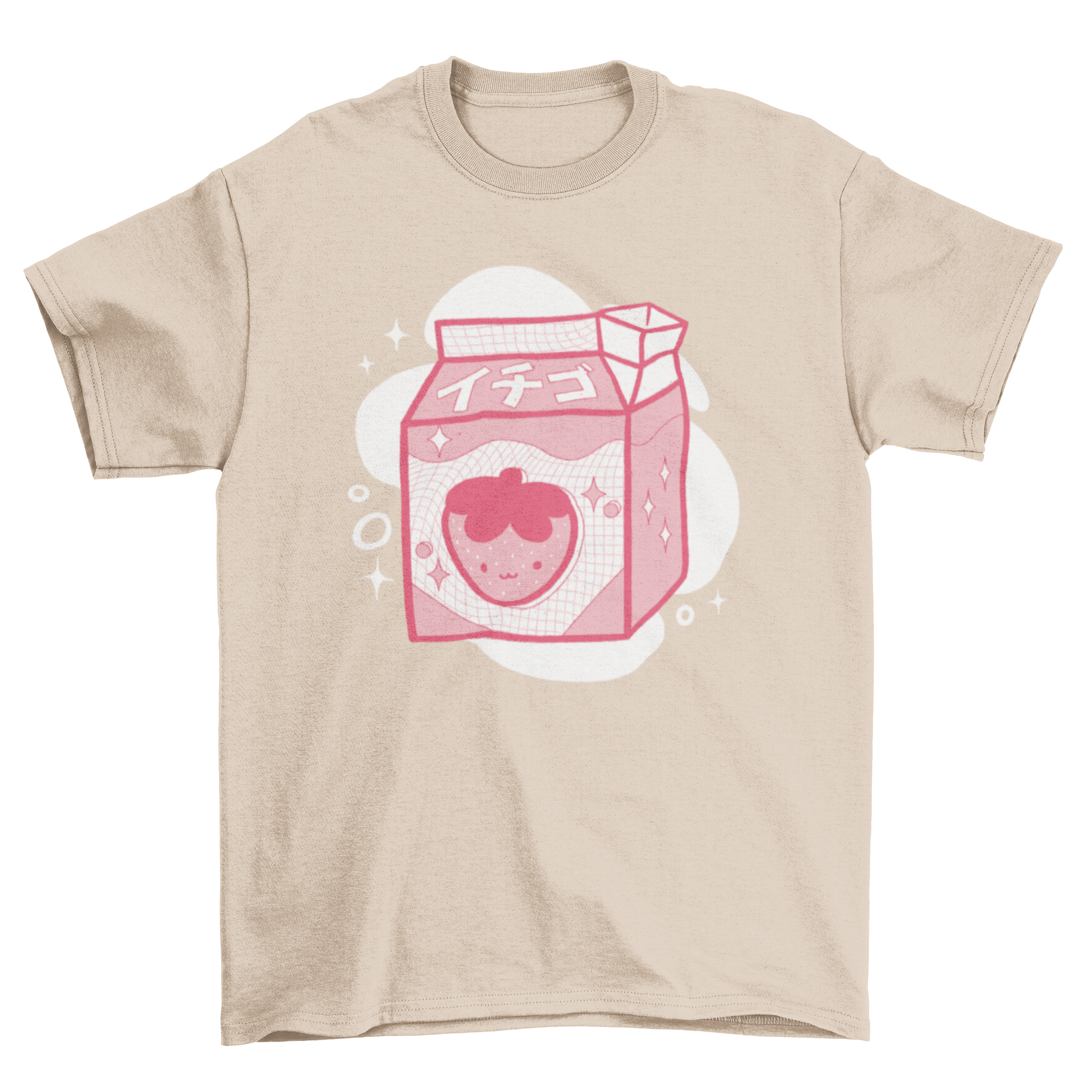 A cute t-shirt featuring a Japanese carton of strawberry milk design, perfect for casual wear.