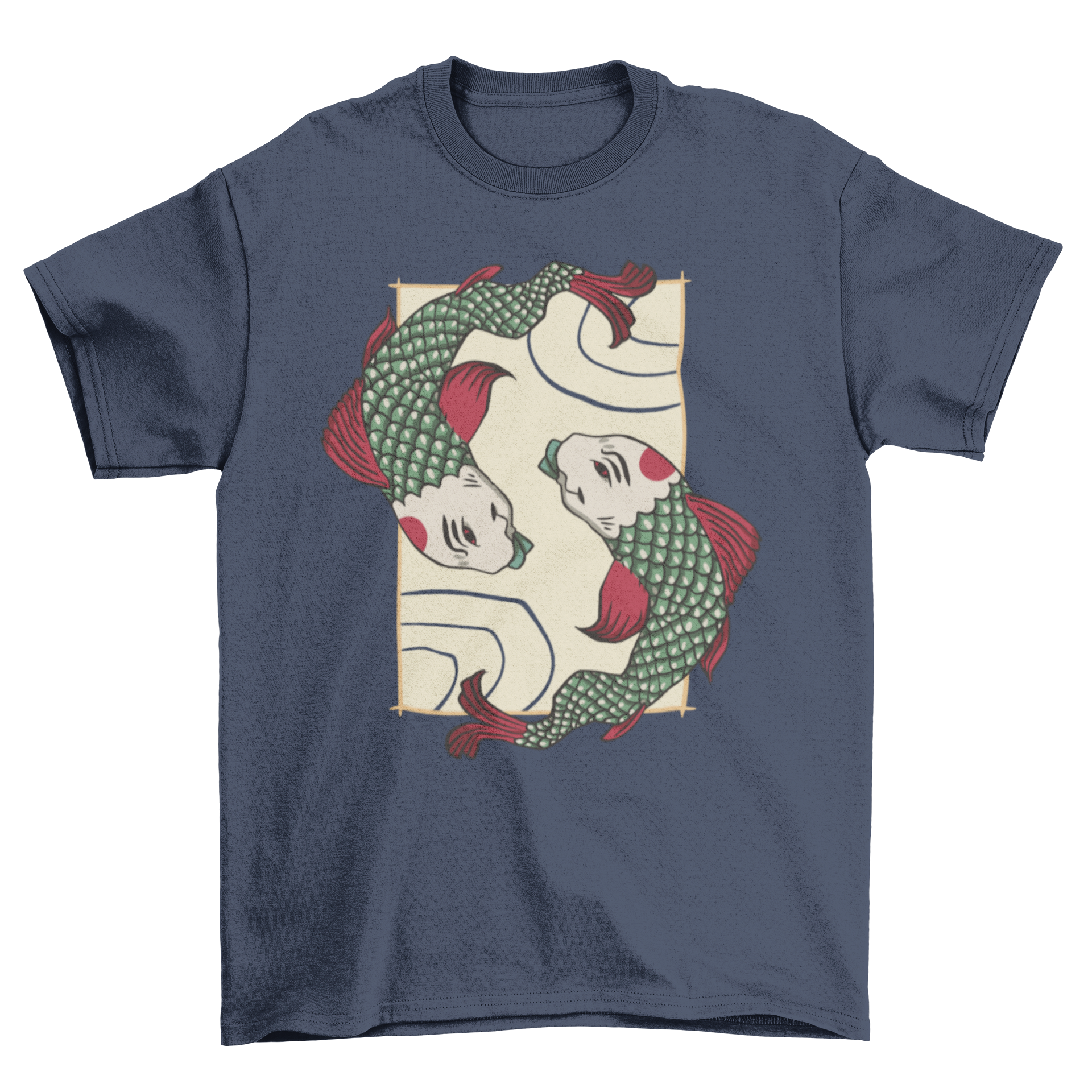 Japanese style t-shirt featuring two koi fish design, showcasing vibrant colors and intricate details.
